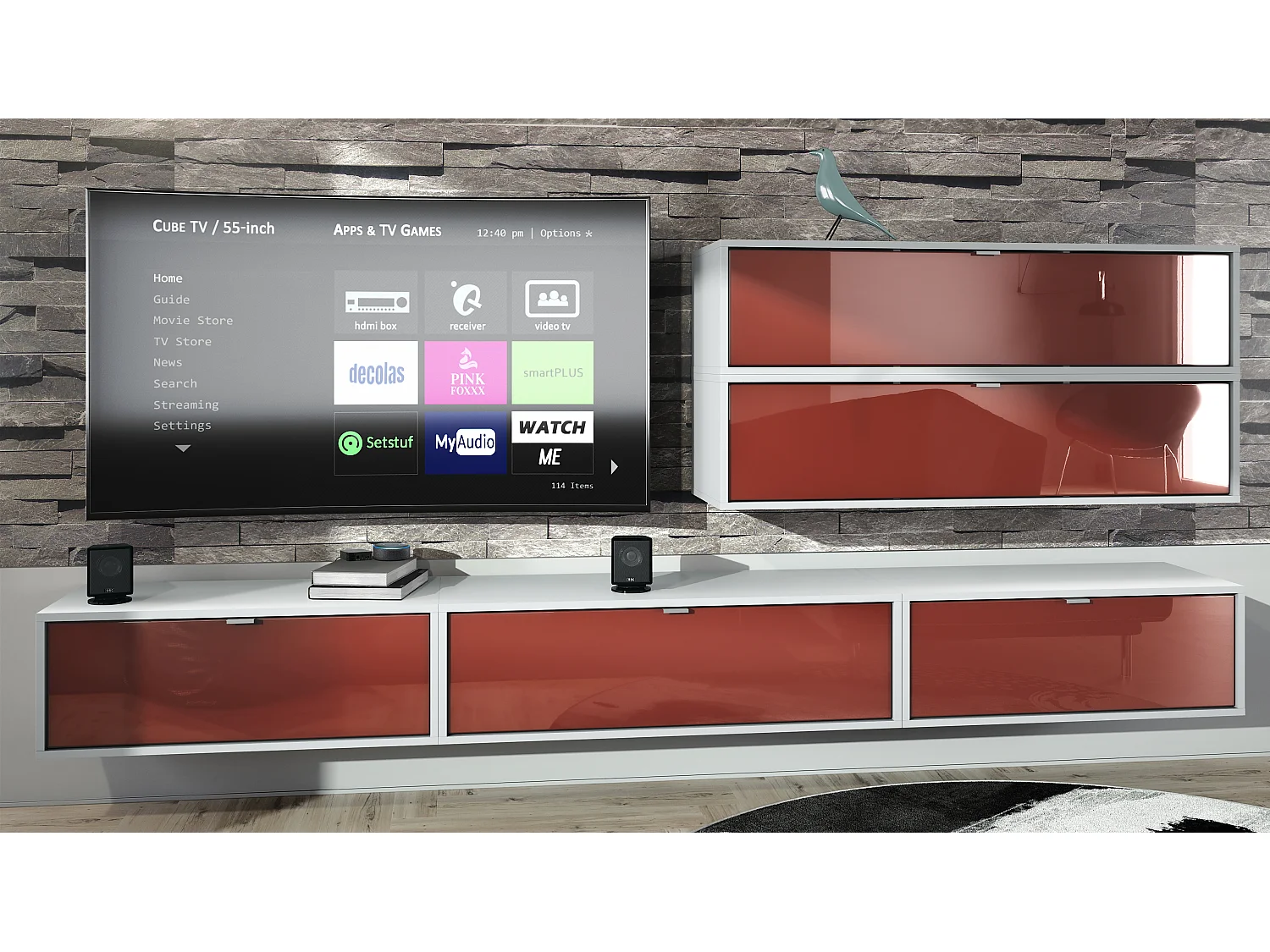 Unité murale Lana V2 composée de 5 unités murales à 12 compartiments, caisson en Blanc mat, façades en Bordeaux haute brillance