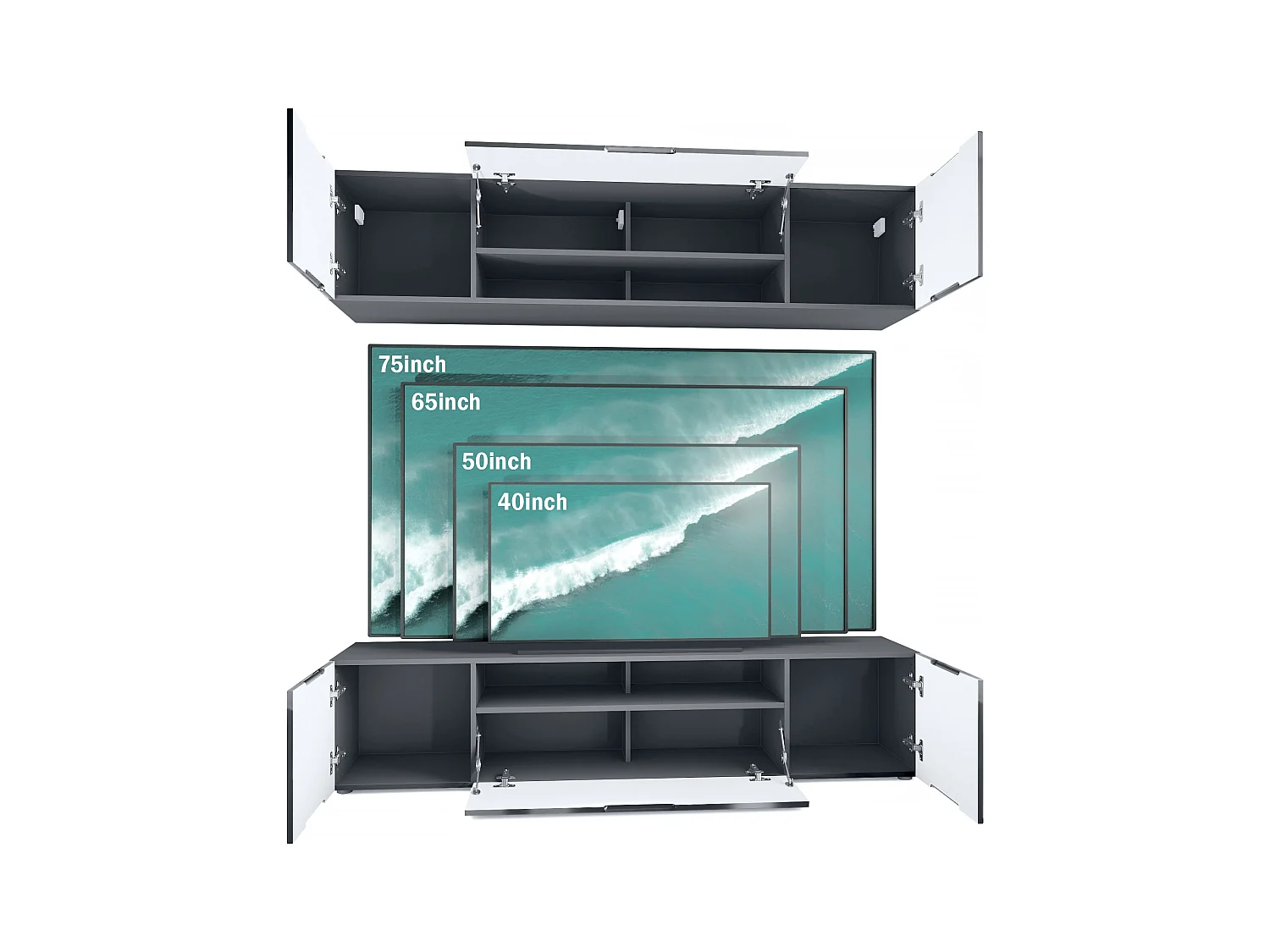 Meuble mural de salon Mogan avec deux éléments de 181x39x35 cm, meuble mural de salon suspendu avec 12 compartiments, Anthracite mat/Bordeaux brillant