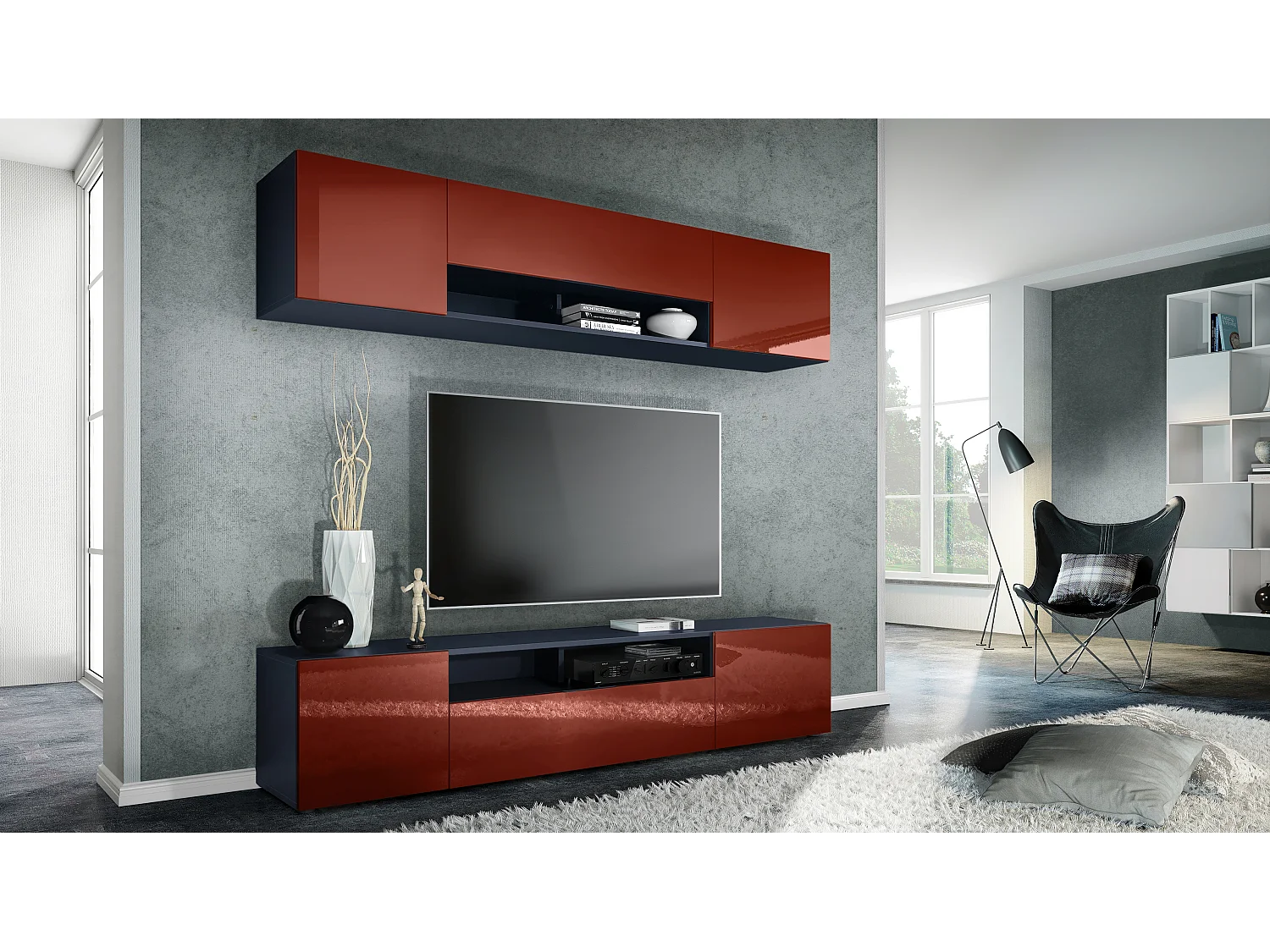 WOHNWAND Mogan Fronten in Bordeaux Hochglanz