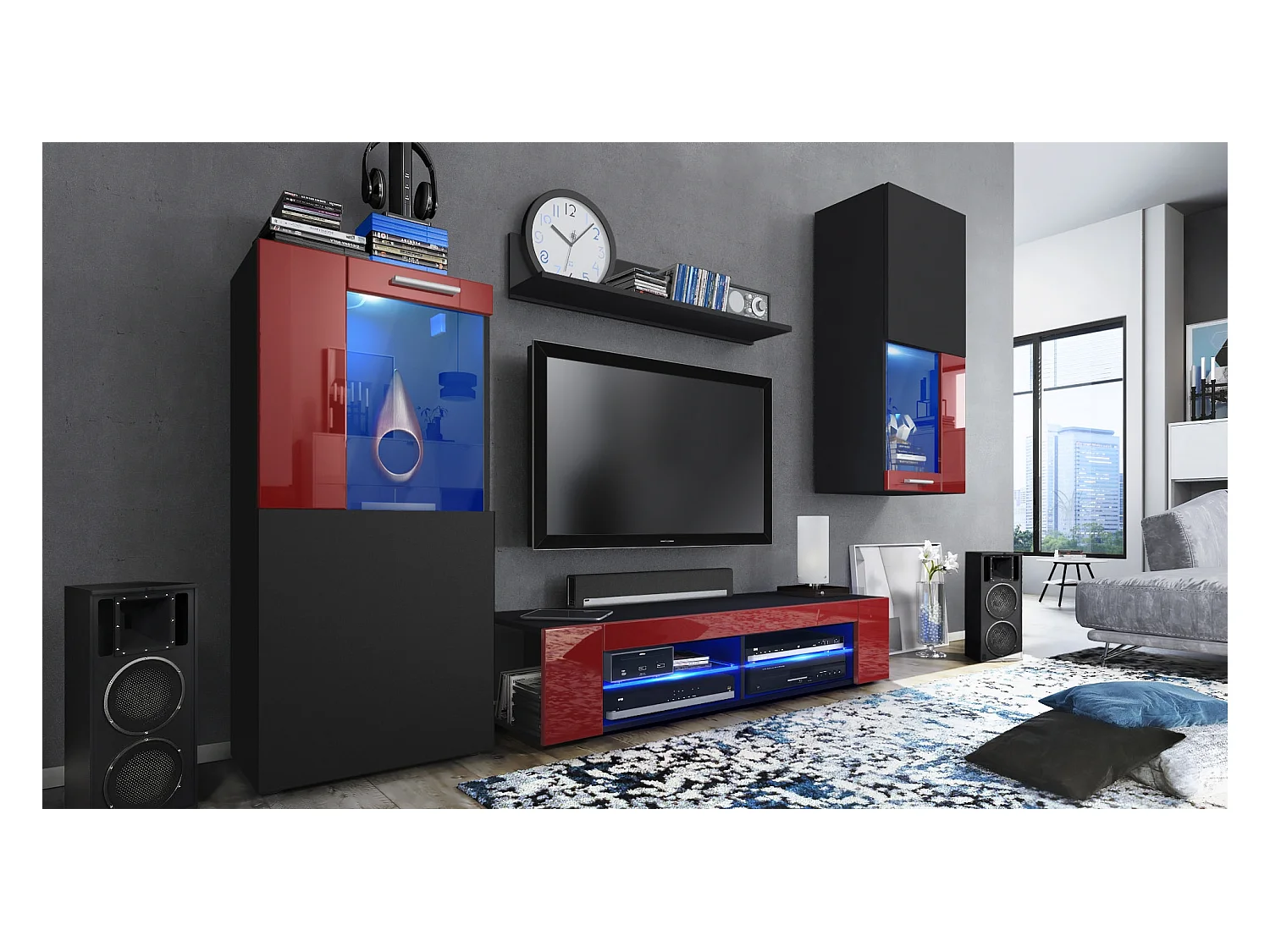 Ensemble de salon Movie comprenant 1 meuble bas TV, 2 vitrines et 1 étagère, Noir mat/Bordeaux haute brillance, (Dimensions totales : 300 x 190 x 39 cm)