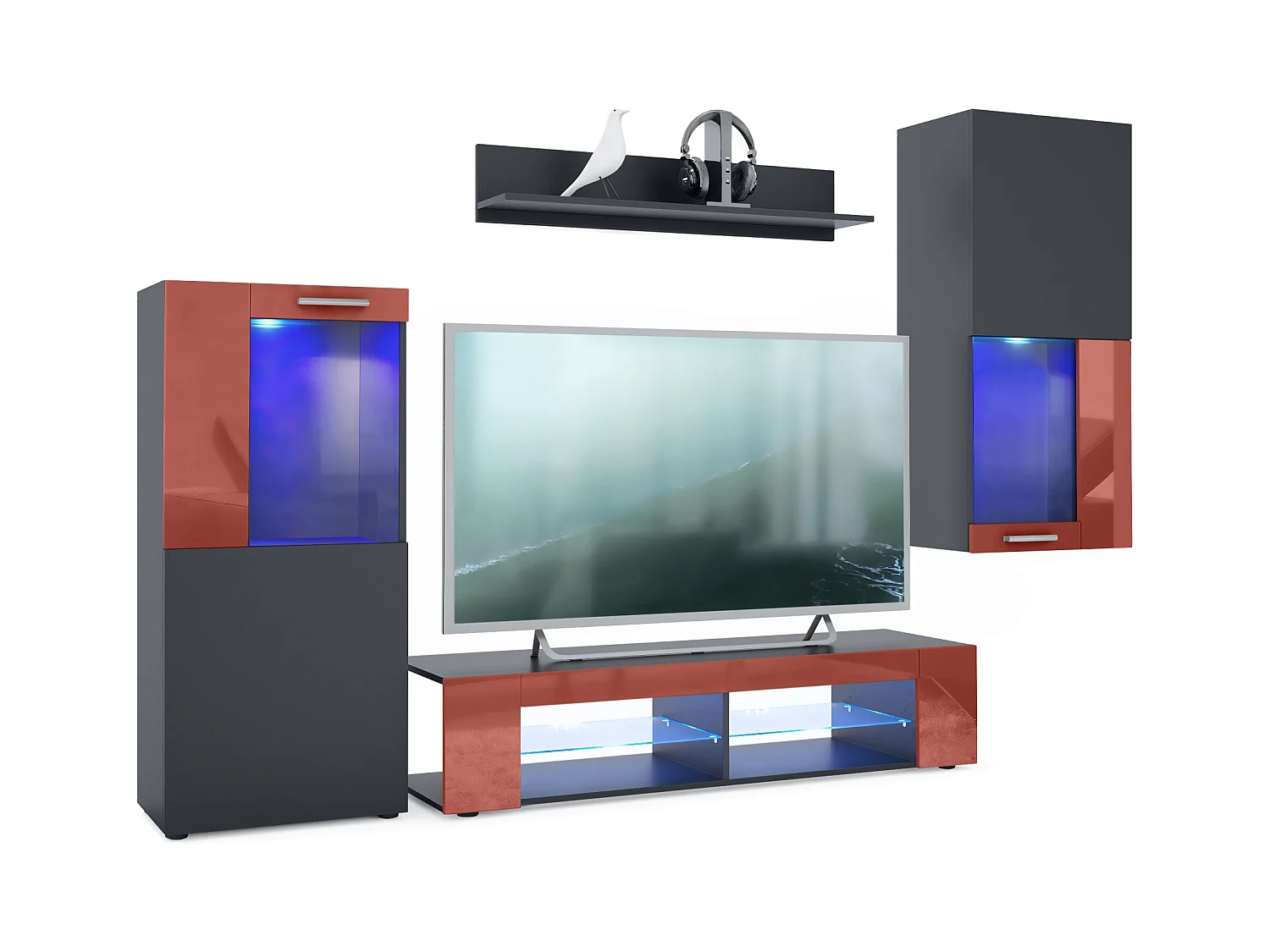 Ensemble de salon Movie comprenant 1 meuble bas TV, 2 vitrines et 1 étagère, Noir mat/Bordeaux haute brillance, (Dimensions totales : 300 x 190 x 39 cm)