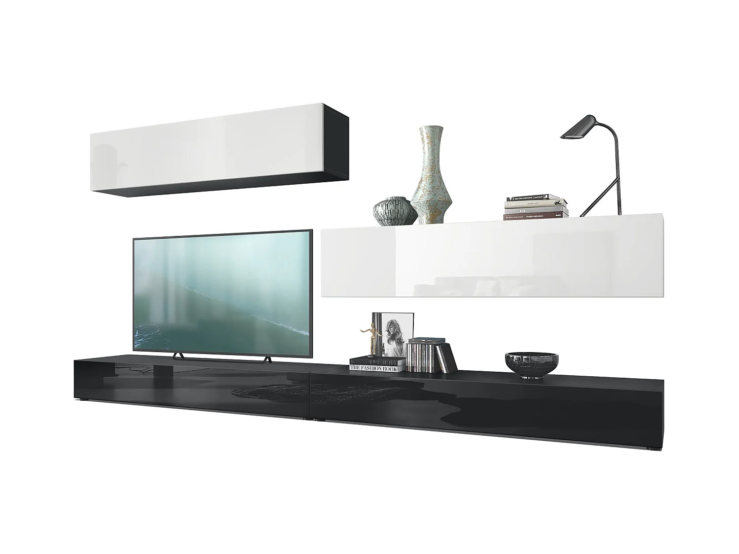 Combinaison murale Armoire Nublo, Corps en Noir mat / Façades en Noir haute brillance et Blanc haute brillance