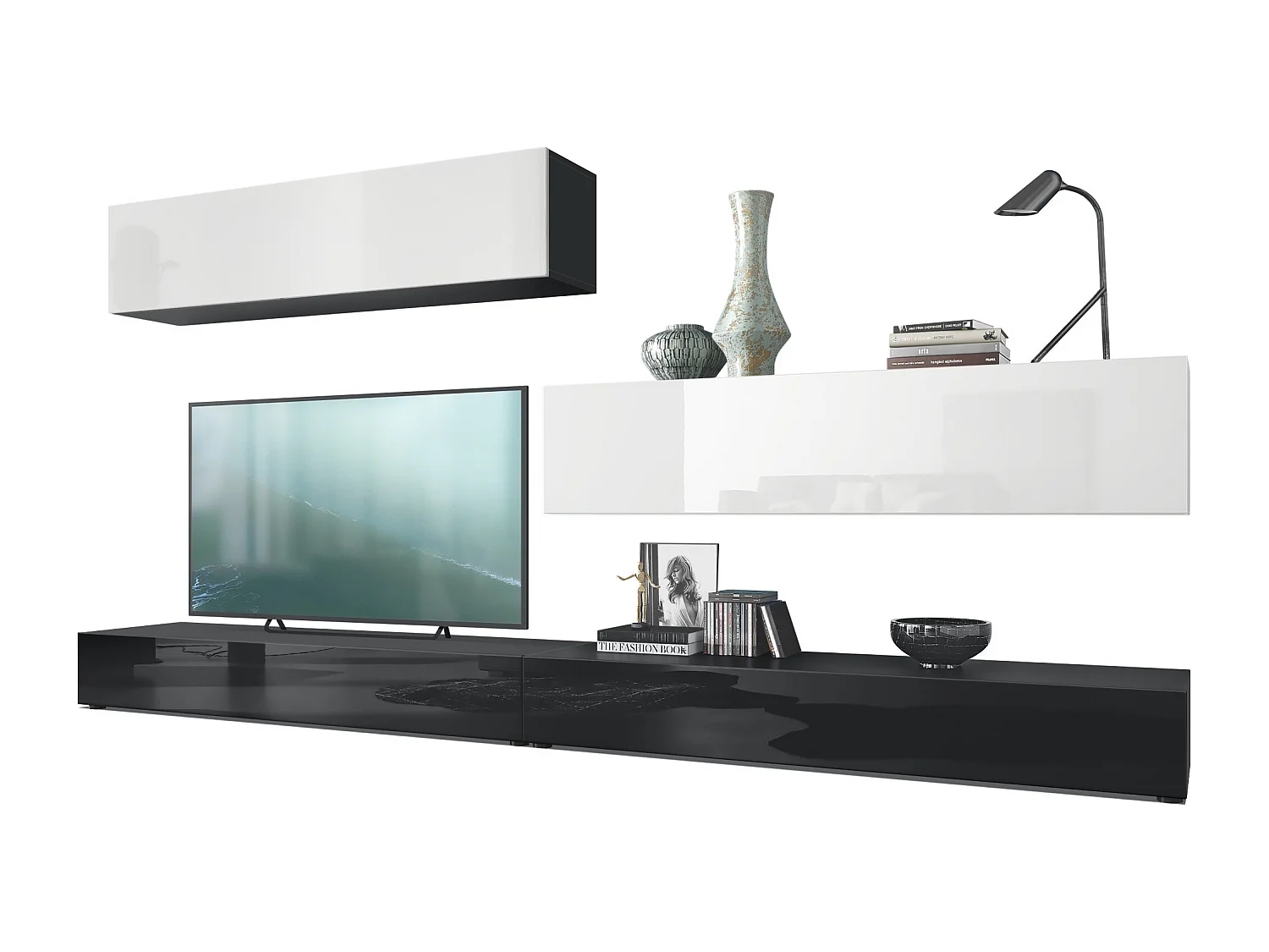 Porta TV  a parete Nublo, struttura in nero opaco / frontali in nero lucido e bianco lucido