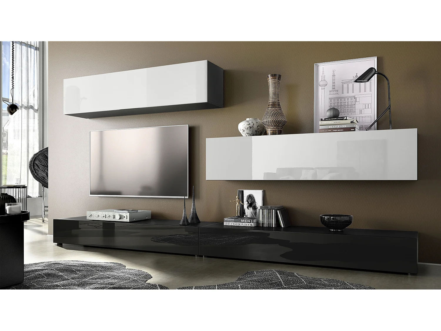 Porta TV  a parete Nublo, struttura in nero opaco / frontali in nero lucido e bianco lucido