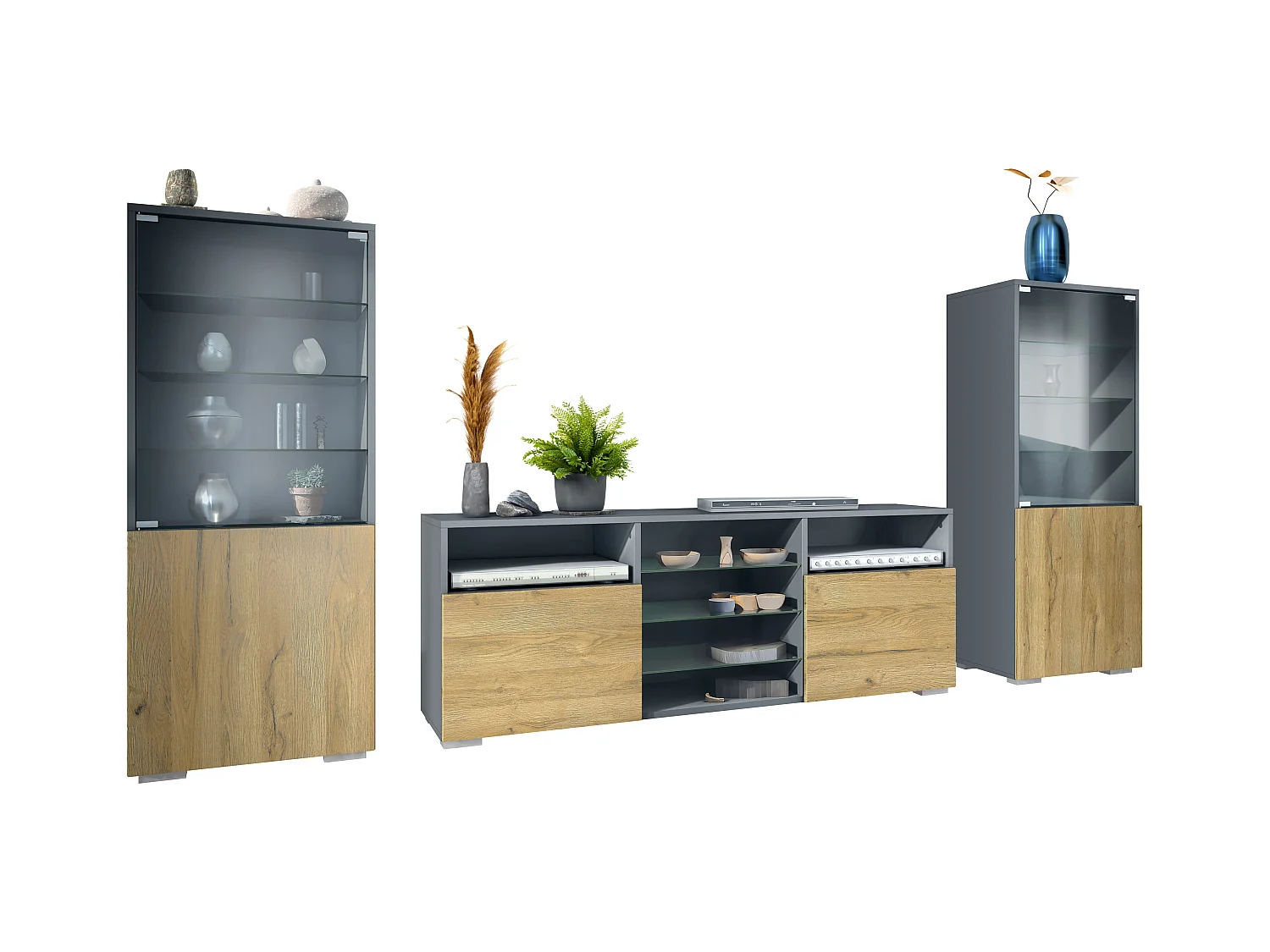 Ensemble mural Granada pour salon, comprenant 2 vitrines et 1 meuble TV, anthracite mat/chêne nature (286 x 122,5 x 35 cm)