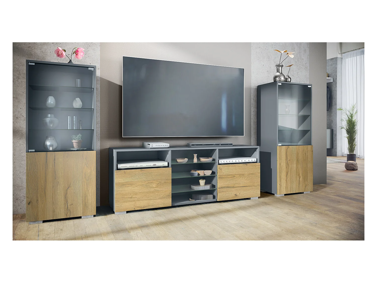 Ensemble mural Granada pour salon, comprenant 2 vitrines et 1 meuble TV, anthracite mat/chêne nature (286 x 122,5 x 35 cm)