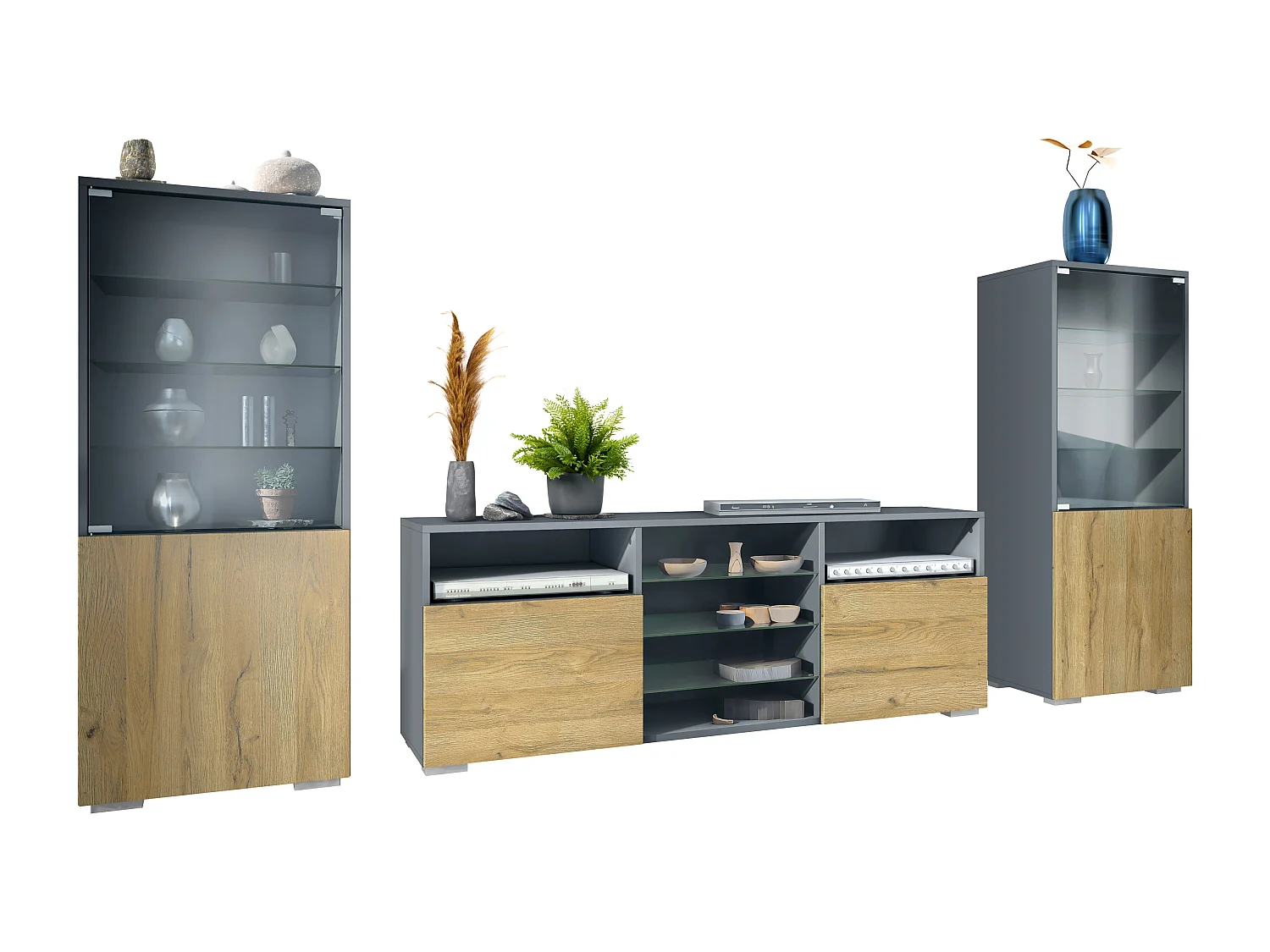 Mueble de pared Granada para sala de estar, compuesto por 2 vitrinas y 1 mueble de TV,antracita mate/roble natural (286 x 122,5 x 35 cm)