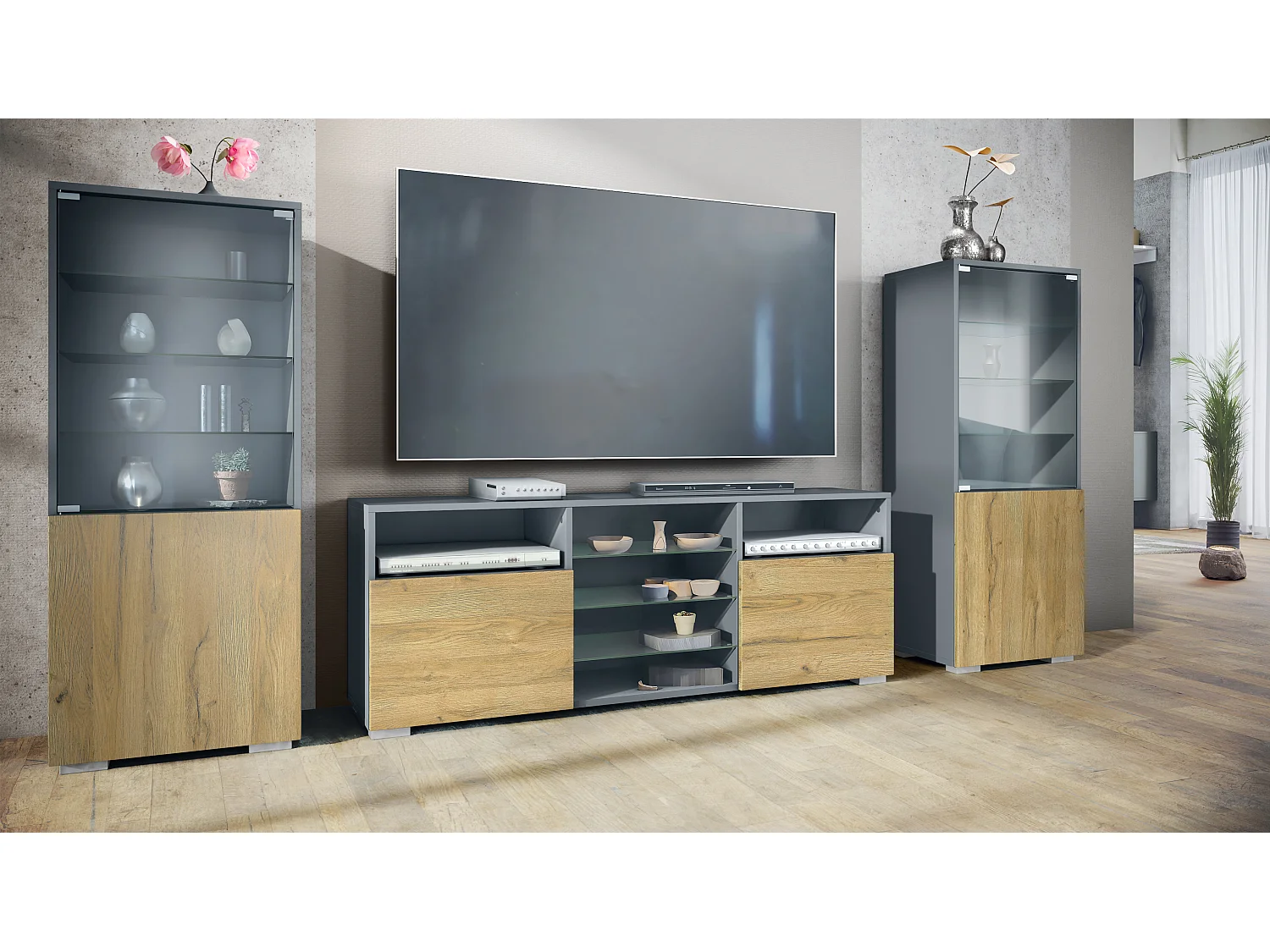 Mueble de pared Granada para sala de estar, compuesto por 2 vitrinas y 1 mueble de TV,antracita mate/roble natural (286 x 122,5 x 35 cm)