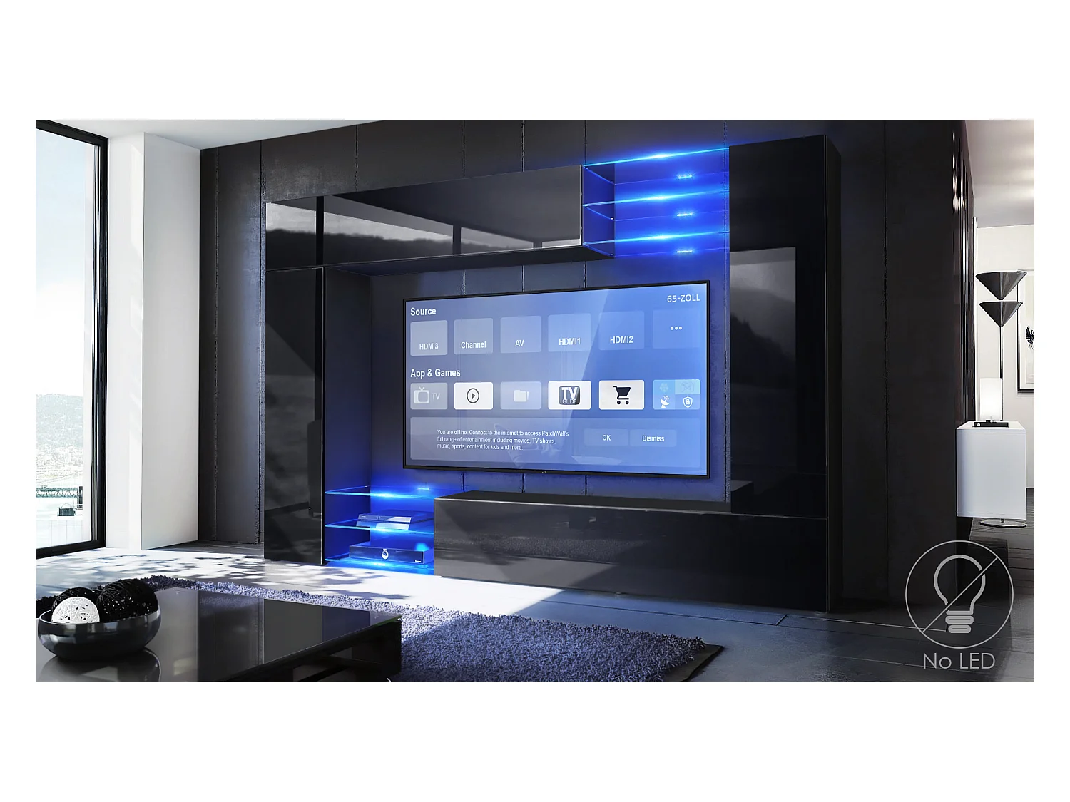 Meuble TV mural Mirage, Ensemble étagère TV avec panneau arrière et 2 portes, 2 clapets et 6 étagères en verre, Noir mat/Noir brillant (262 x 183 x 39 cm)