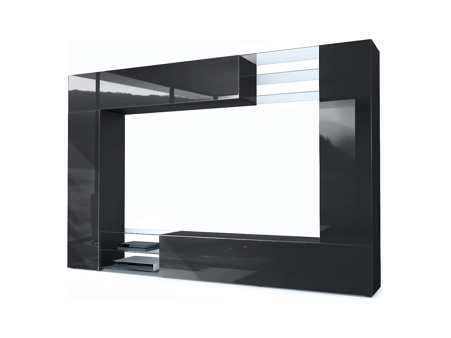 Meuble TV mural Mirage, Ensemble étagère TV avec panneau arrière et 2 portes, 2 clapets et 6 étagères en verre, Noir mat/Noir brillant (262 x 183 x 39 cm)