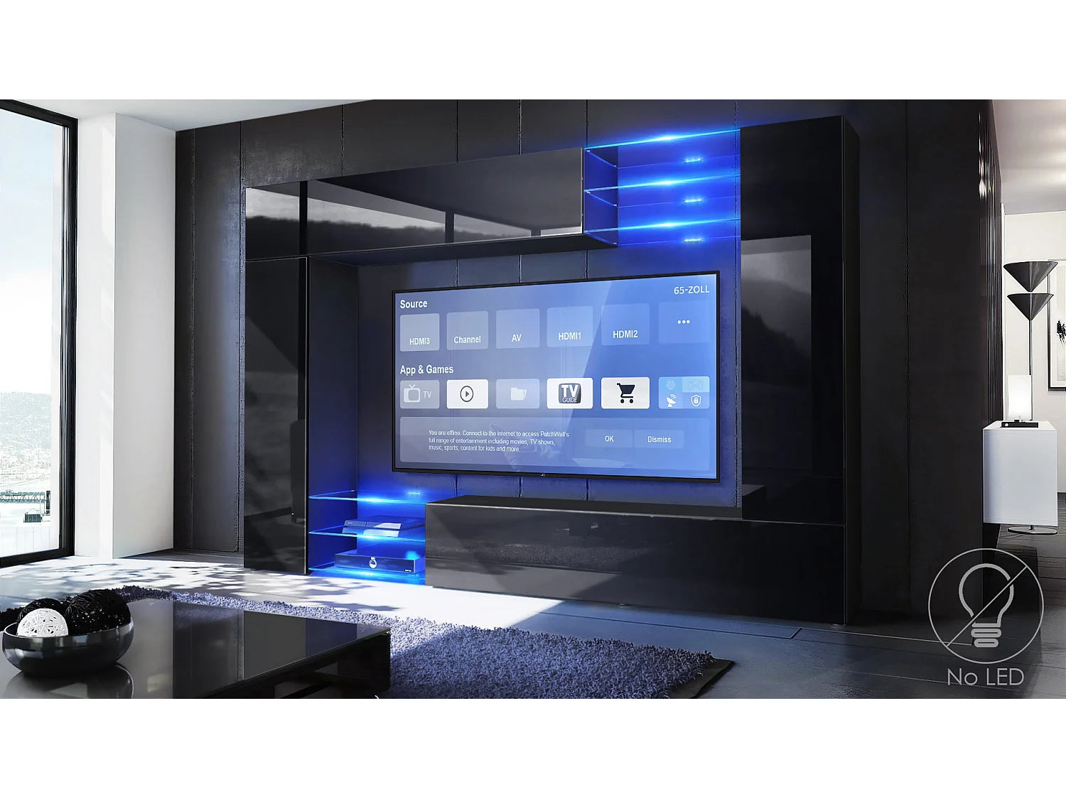 Meuble TV mural Mirage, Ensemble étagère TV avec panneau arrière et 2 portes, 2 clapets et 6 étagères en verre, Noir mat/Noir brillant (262 x 183 x 39 cm)