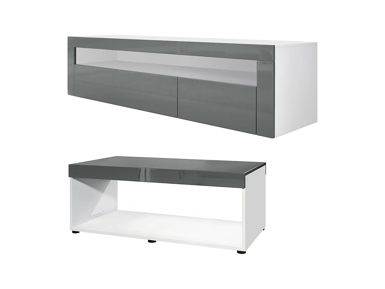 Ensemble de salon  Berlin, composé de 1 meuble TV avec 1 compartiment ouvert et 2 abattants, et 1 table basse, blanc mat/gris haute brillance