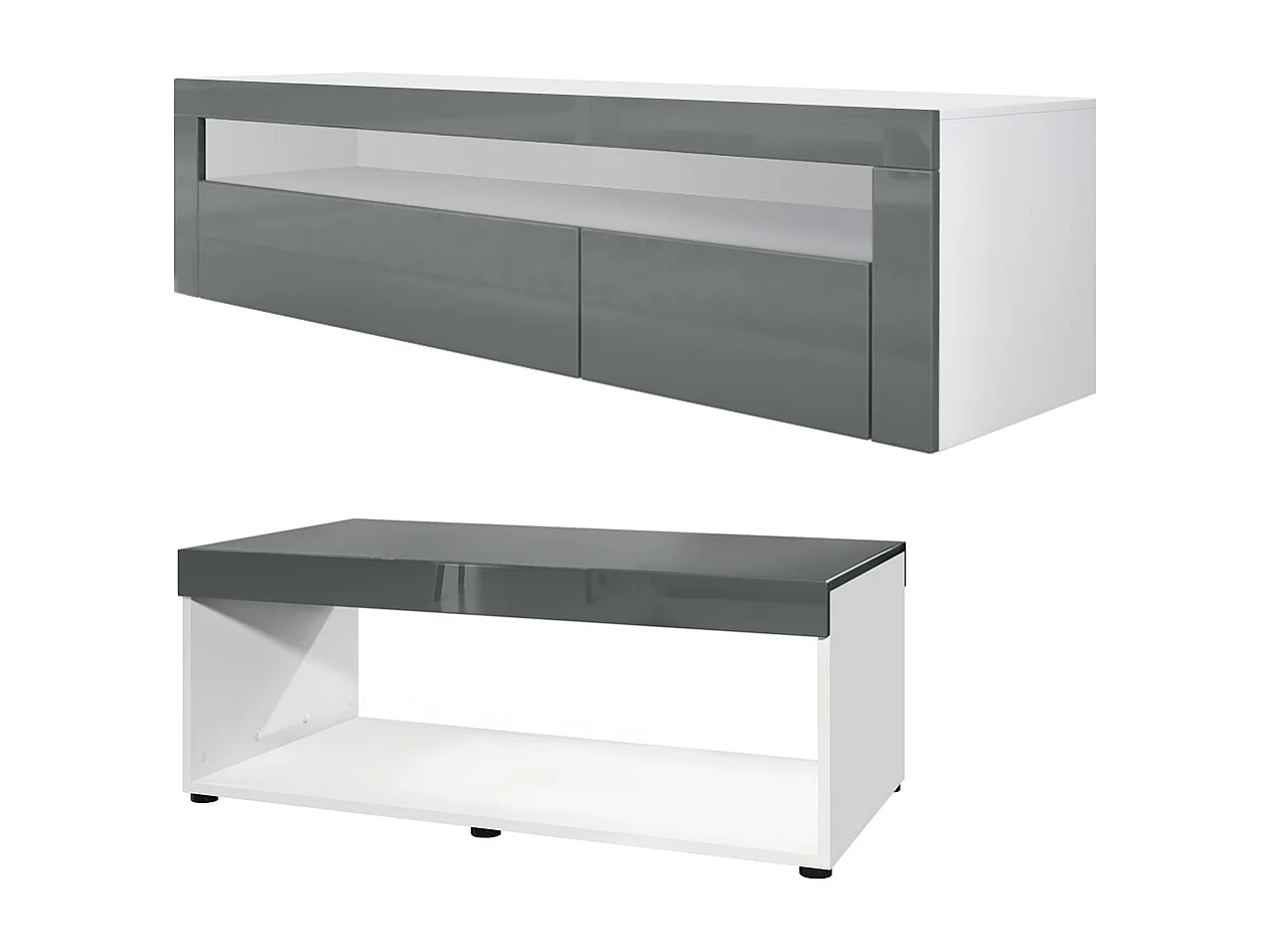 Set soggiorno Vladon Berlin, composto da 1 mobile TV con 1 vano aperto e 2 sportelli, e 1 tavolino da caffè, bianco opaco/grigio lucido