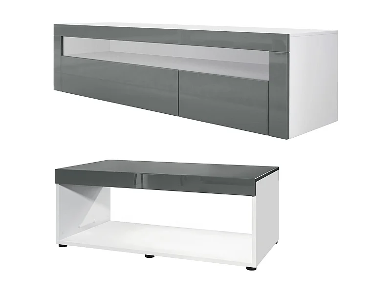 Ensemble de salon  Berlin, composé de 1 meuble TV avec 1 compartiment ouvert et 2 abattants, et 1 table basse, blanc mat/gris haute brillance