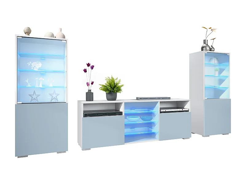 Ensemble mural Granada pour salon, comprenant 2 vitrines et 1 meuble TV, blanc mat/denim mat éclairage LED inclus (286 x 122,5 x 35 cm)