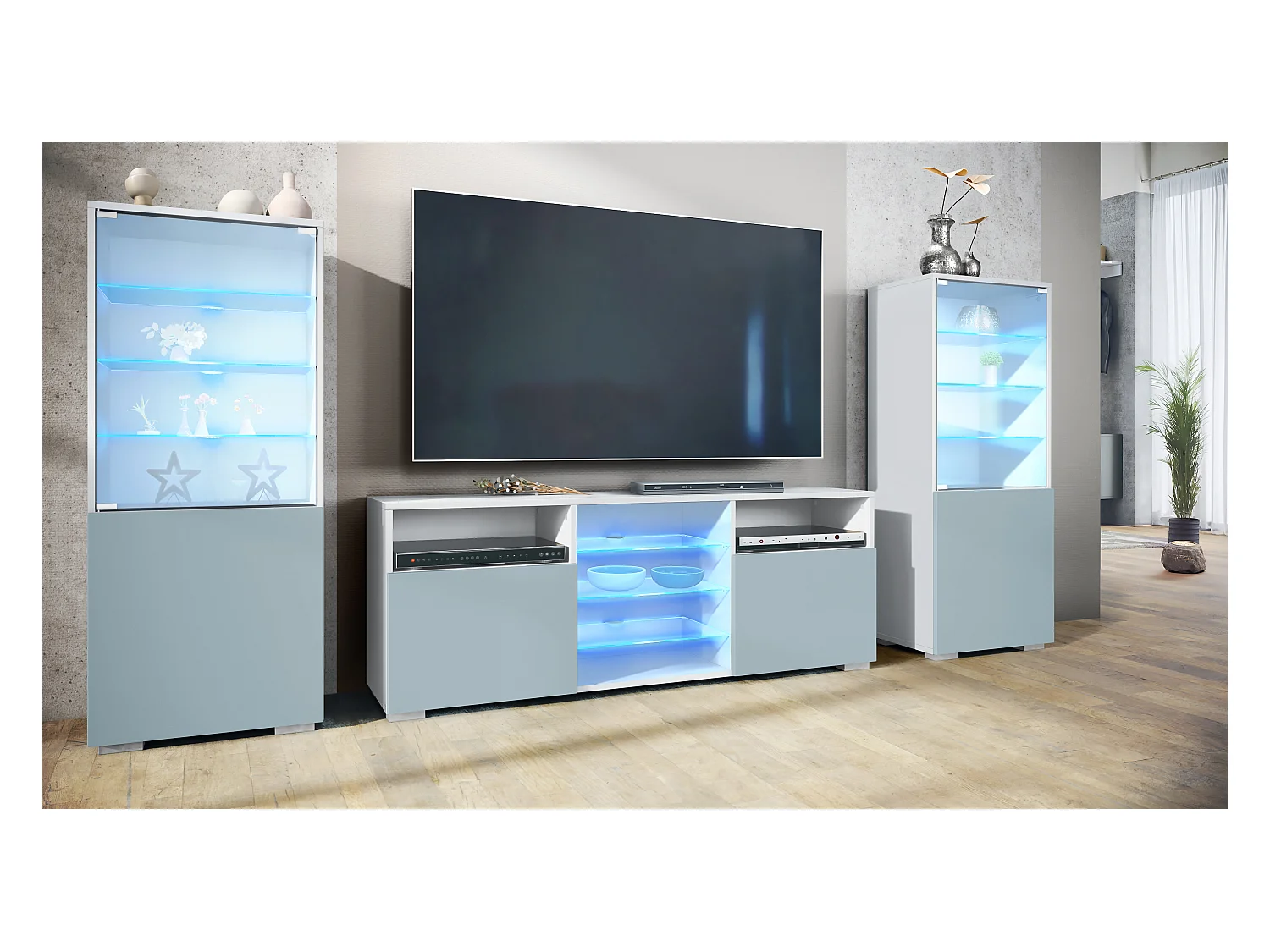 Ensemble mural Granada pour salon, comprenant 2 vitrines et 1 meuble TV, blanc mat/denim mat éclairage LED inclus (286 x 122,5 x 35 cm)