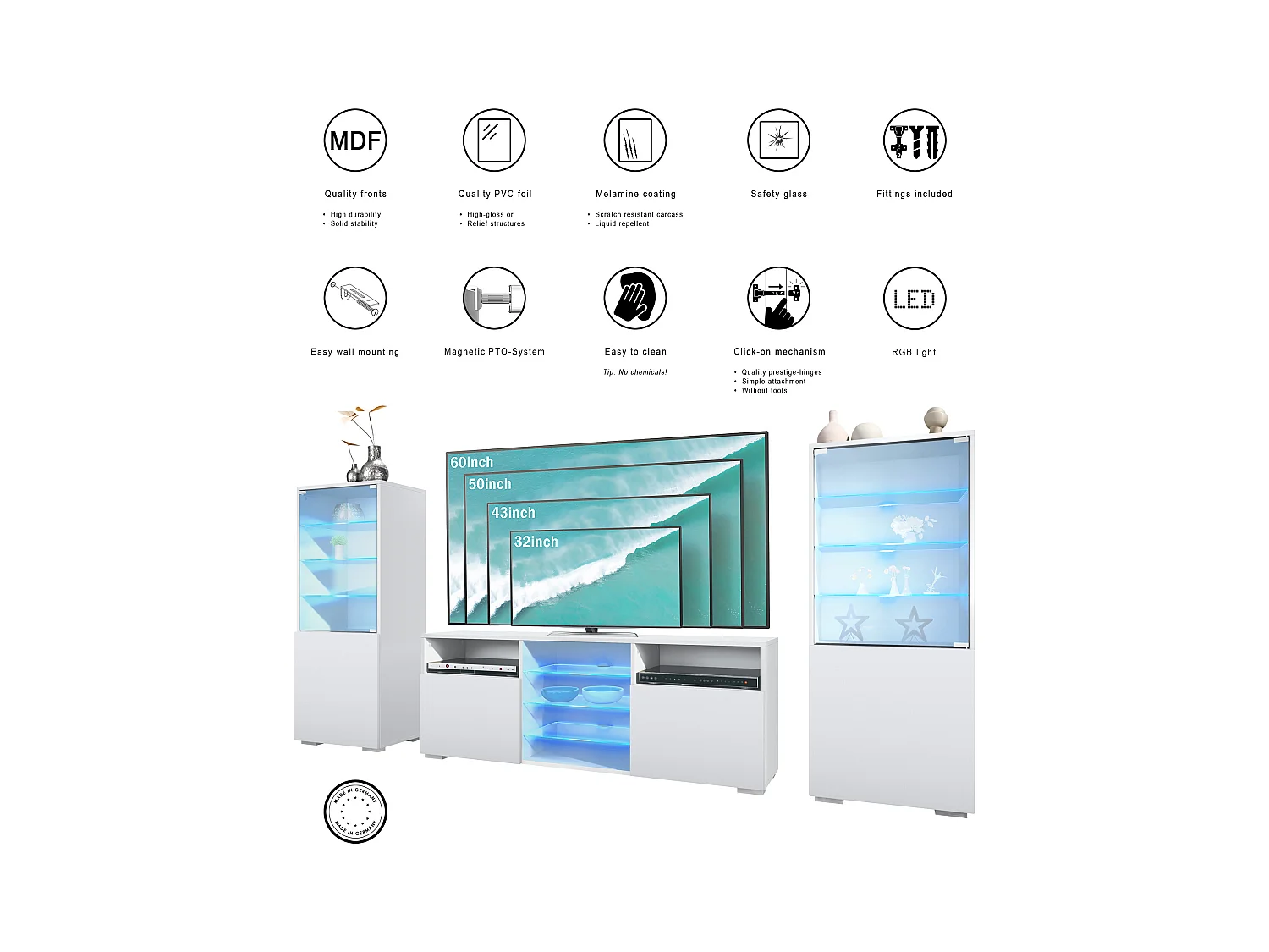 Ensemble mural Granada pour salon, comprenant 2 vitrines et 1 meuble TV, blanc mat/denim mat éclairage LED inclus (286 x 122,5 x 35 cm)