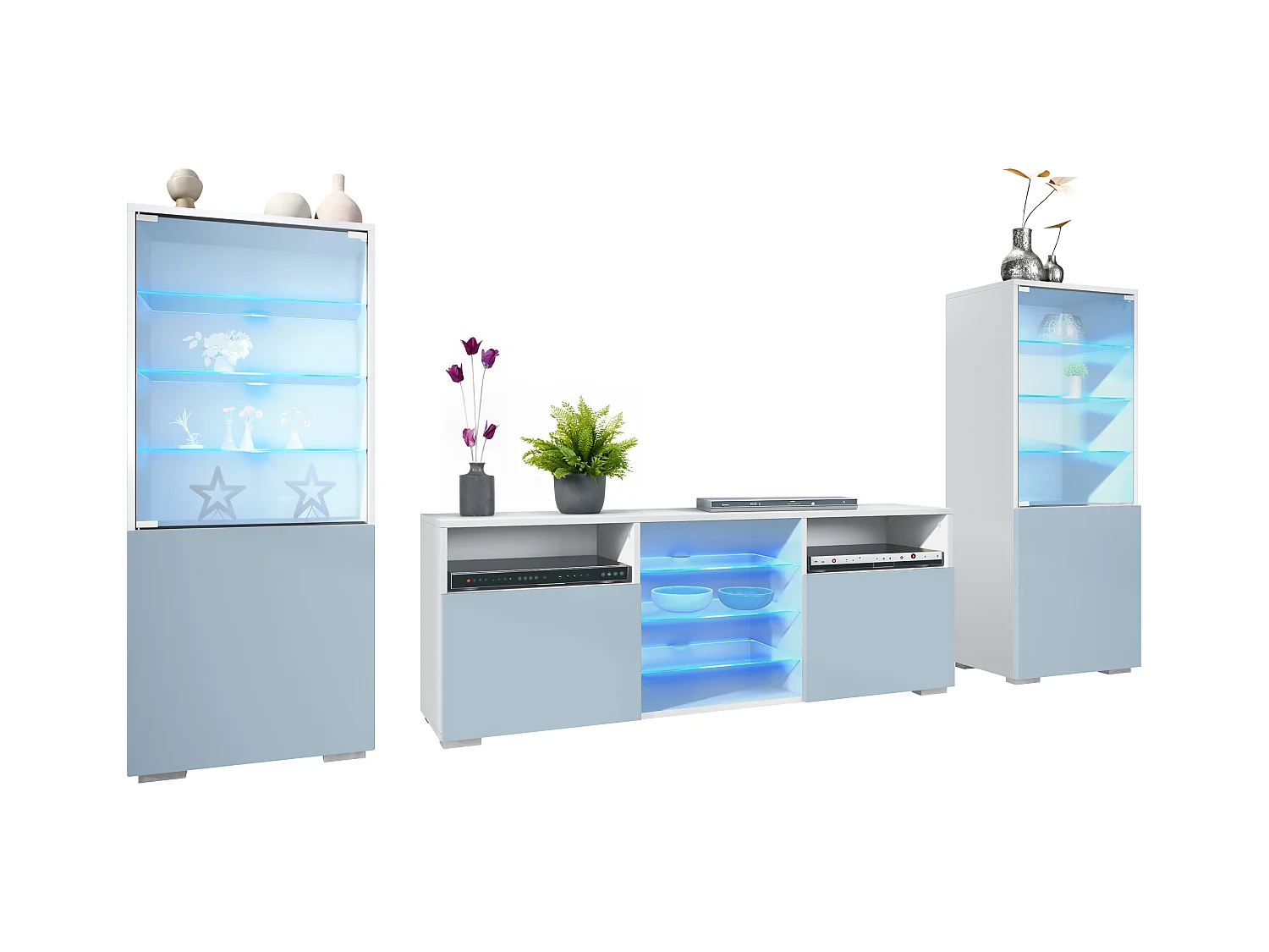 Ensemble mural Granada pour salon, comprenant 2 vitrines et 1 meuble TV, blanc mat/denim mat éclairage LED inclus (286 x 122,5 x 35 cm)