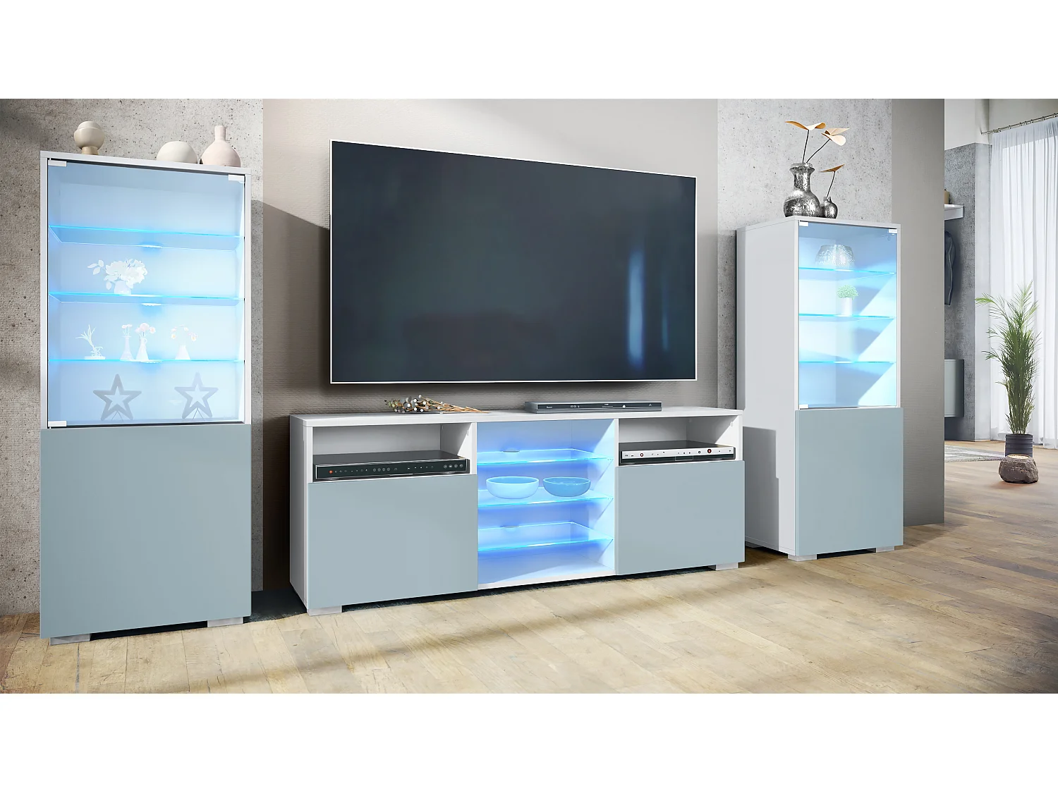 Ensemble mural Granada pour salon, comprenant 2 vitrines et 1 meuble TV, blanc mat/denim mat éclairage LED inclus (286 x 122,5 x 35 cm)