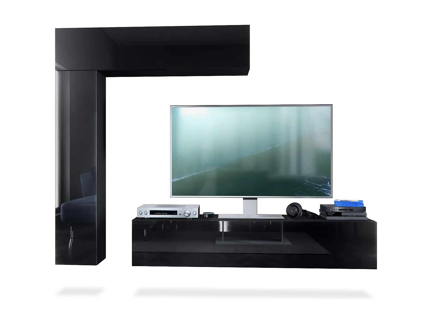 Meuble-paroi Taurito, noir mat/noir haute brillance - Meuble-paroi moderne pour votre salon (320 x 182 x 39 cm)