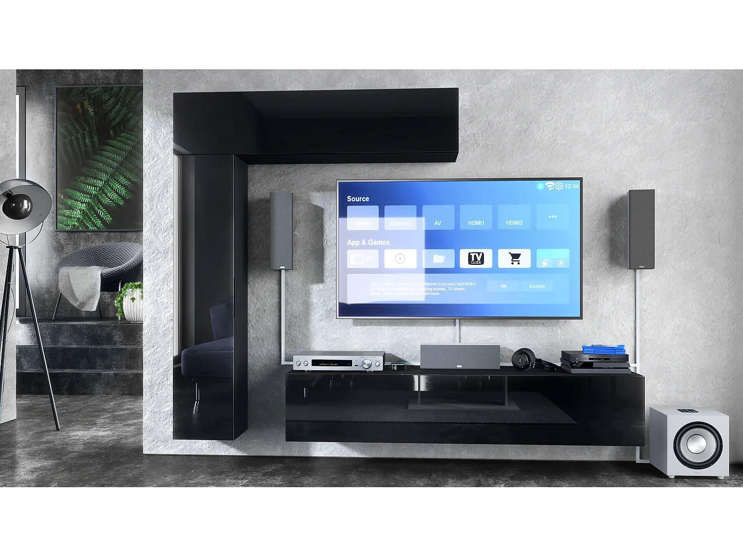 Meuble-paroi Taurito, noir mat/noir haute brillance - Meuble-paroi moderne pour votre salon (320 x 182 x 39 cm)