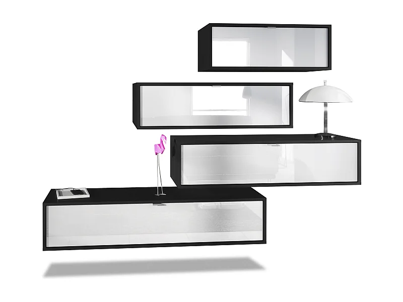 Parete attrezzata Lana V3 Centro di intrattenimento di 4 elementi sospesi con 10 ripiani, struttura in nero opaco, frontali in bianco lucido