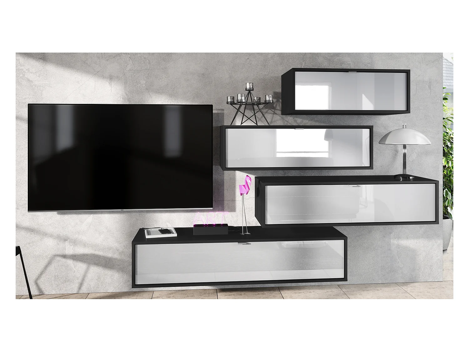 Unité murale Lana V3 composée de 4 unités murales à 10 compartiments, caisson en Noir mat, façades en Blanc haute brillance