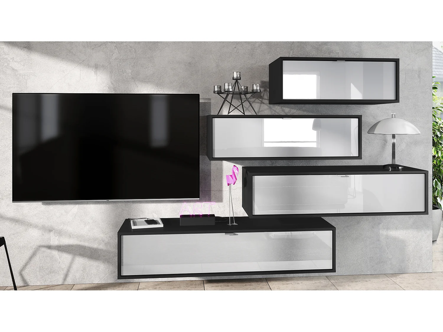 Unité murale Lana V3 composée de 4 unités murales à 10 compartiments, caisson en Noir mat, façades en Blanc haute brillance