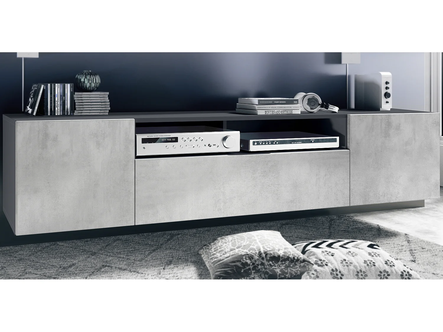 Pensile Mogan con due elementi da 181 x 39 x 35 cm, mobile da soggiorno sospeso con 12 scomparti, struttura in antracite opaco, frontali in grigio lucido