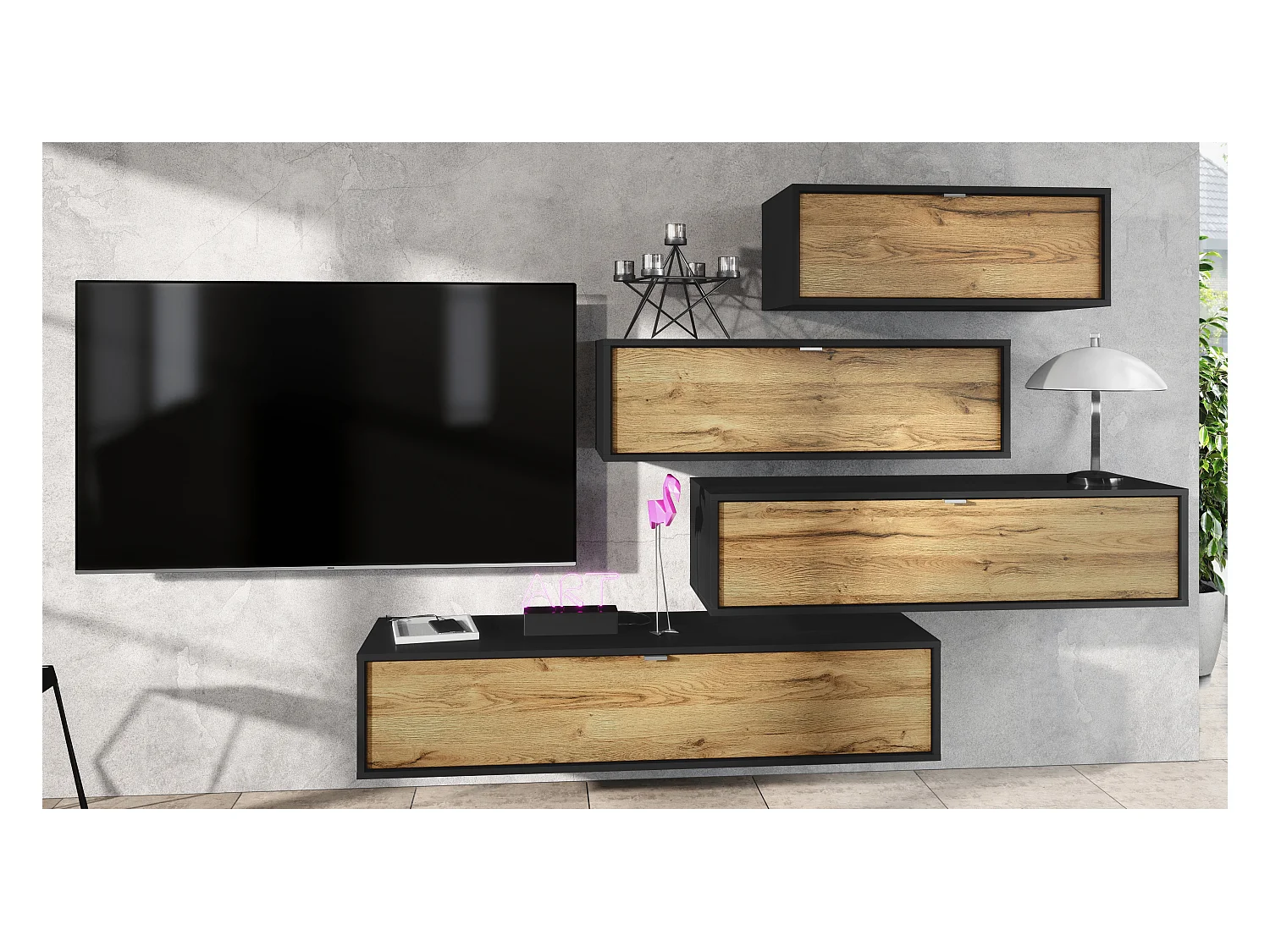 Unité murale Lana V3 composée de 4 unités murales à 10 compartiments, caisson en Noir mat, façades en Chêne Nature