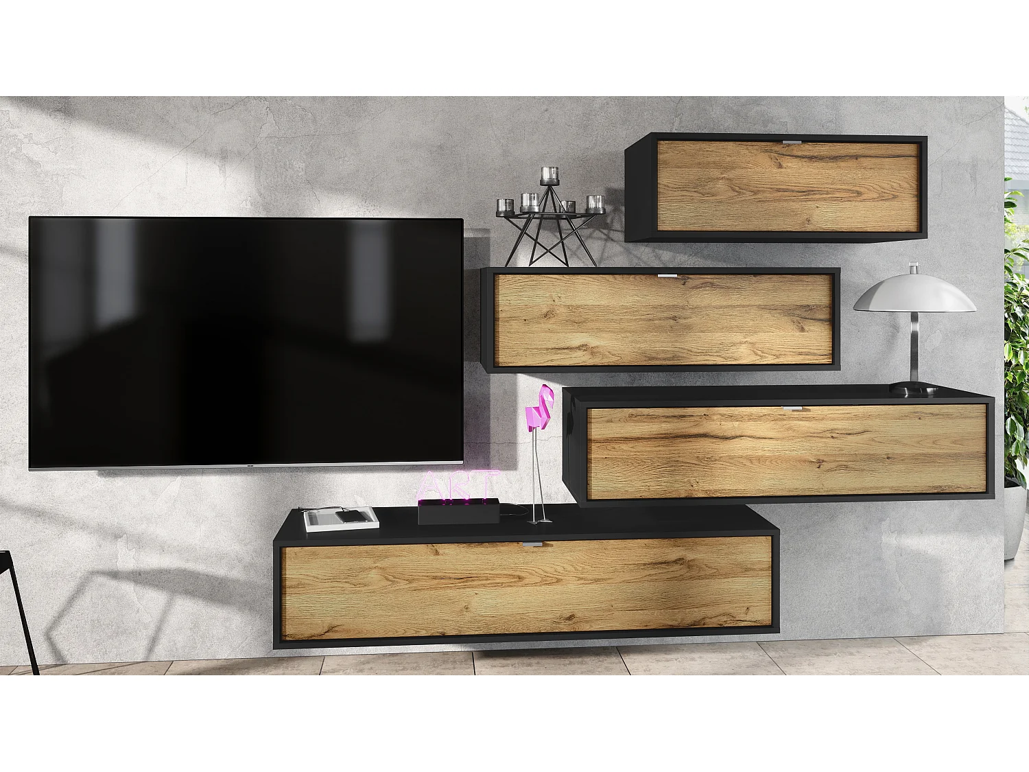 Parete attrezzata Lana V3 Centro di intrattenimento composto da 4 elementi sospesi con 10 ripiani, struttura in nero opaco, frontali in rovere naturale.