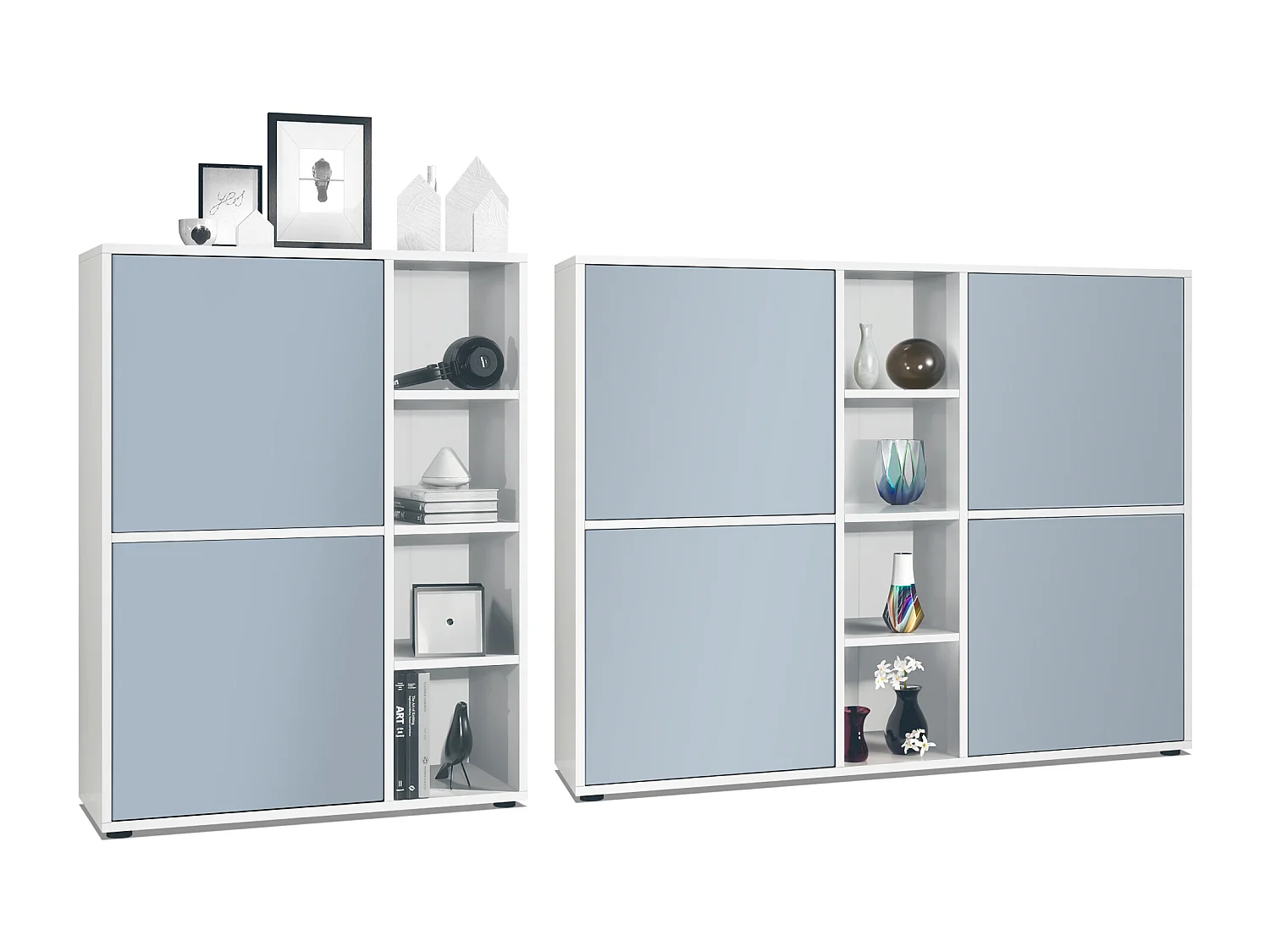 Ensemble pour salon Miami, composé de deux buffets hauts avec un total de 6 portes et 8 compartiments, corps en blanc mat, façades en denim mat.