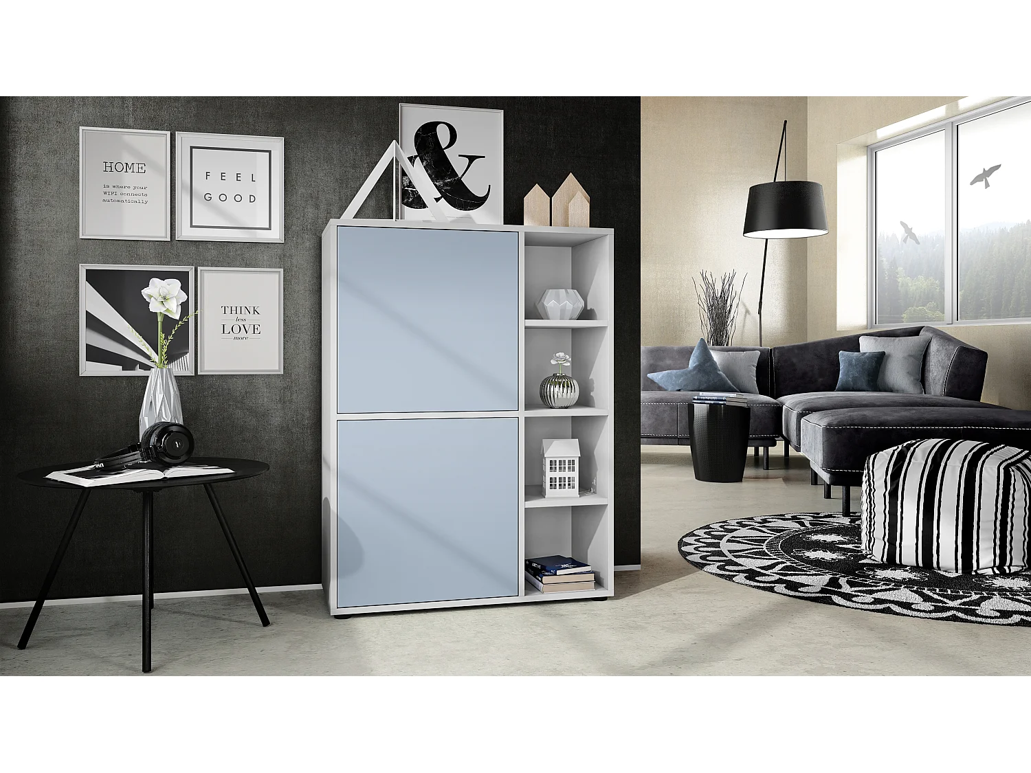 Ensemble pour salon Miami, composé de deux buffets hauts avec un total de 6 portes et 8 compartiments, corps en blanc mat, façades en denim mat.