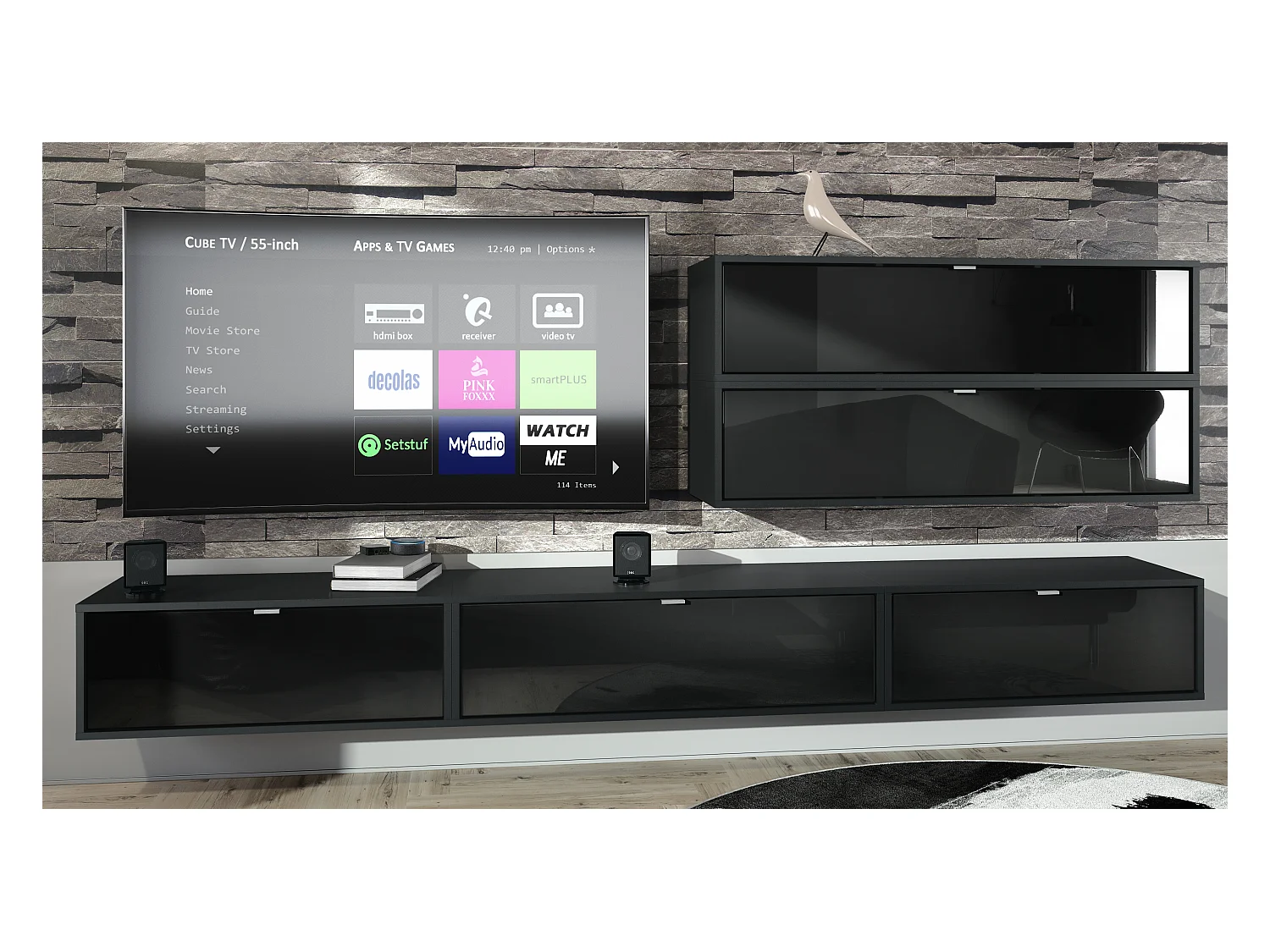 Unité murale Lana V2 composée de 5 unités murales à 12 compartiments, caisson en Noir mat, façades en Noir haute brillance