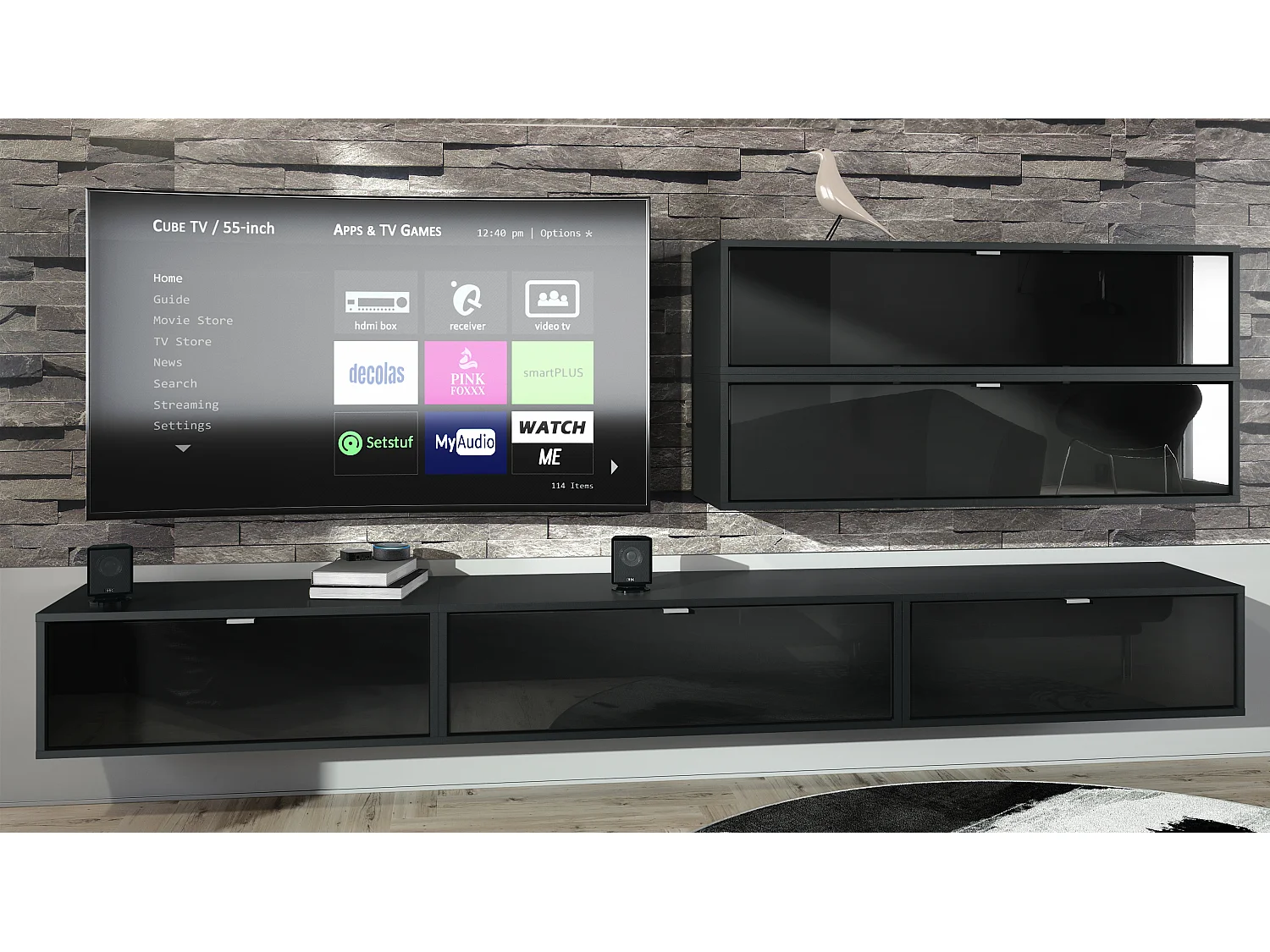 Unité murale Lana V2 composée de 5 unités murales à 12 compartiments, caisson en Noir mat, façades en Noir haute brillance