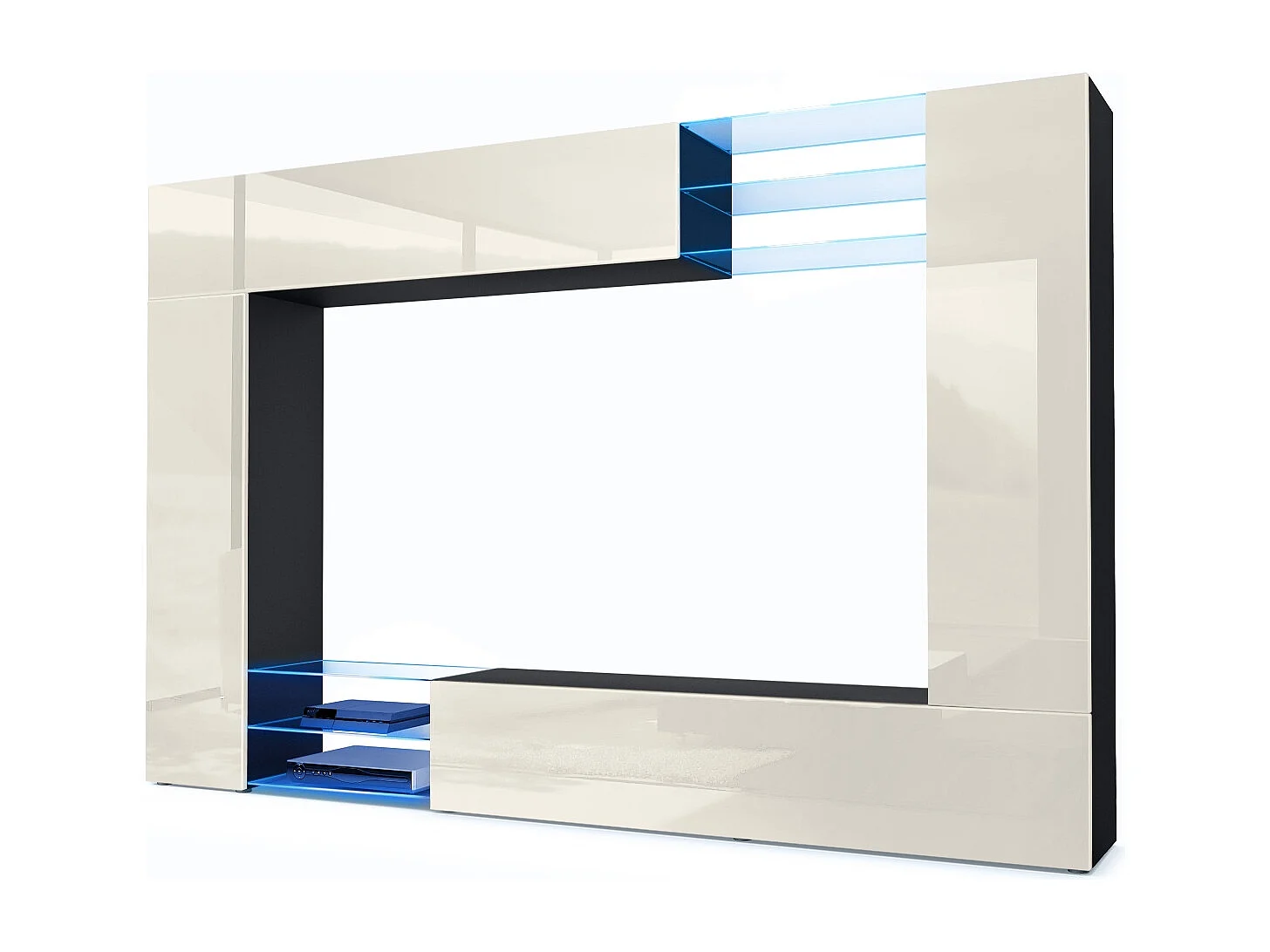 Meuble TV mural Mirage, Ensemble étagère TV et 2 portes, 2 clapets et 6 étagères en verre, Noir mat/Crème brillant, éclairage LED inlcus (262 x 183 x 39 cm)