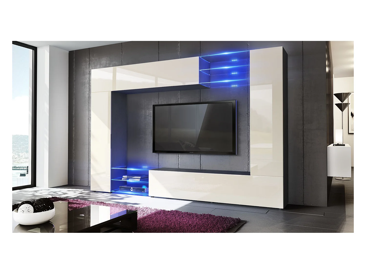 Meuble TV mural Mirage, Ensemble étagère TV et 2 portes, 2 clapets et 6 étagères en verre, Noir mat/Crème brillant, éclairage LED inlcus (262 x 183 x 39 cm)