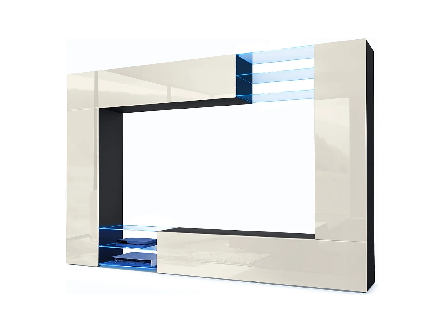 Meuble TV mural Mirage, Ensemble étagère TV et 2 portes, 2 clapets et 6 étagères en verre, Noir mat/Crème brillant, éclairage LED inlcus (262 x 183 x 39 cm)