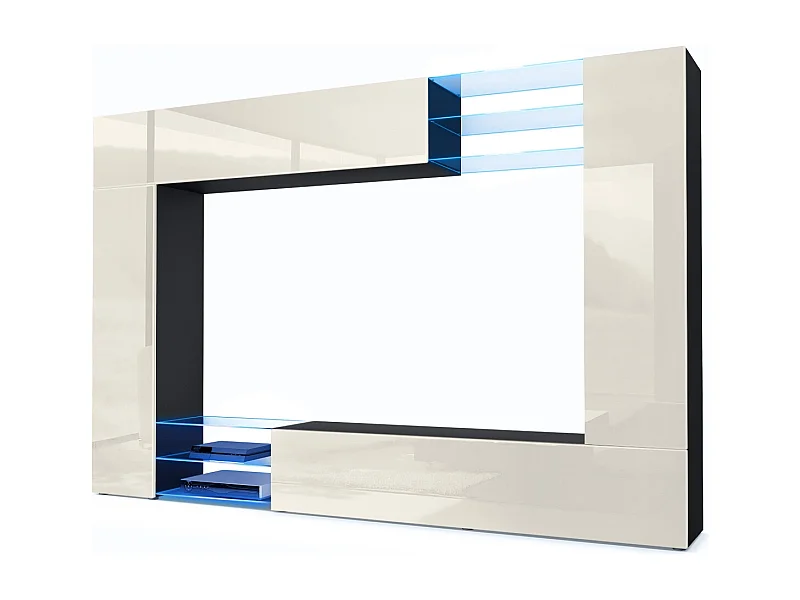 Meuble TV mural Mirage, Ensemble étagère TV et 2 portes, 2 clapets et 6 étagères en verre, Noir mat/Crème brillant, éclairage LED inlcus (262 x 183 x 39 cm)