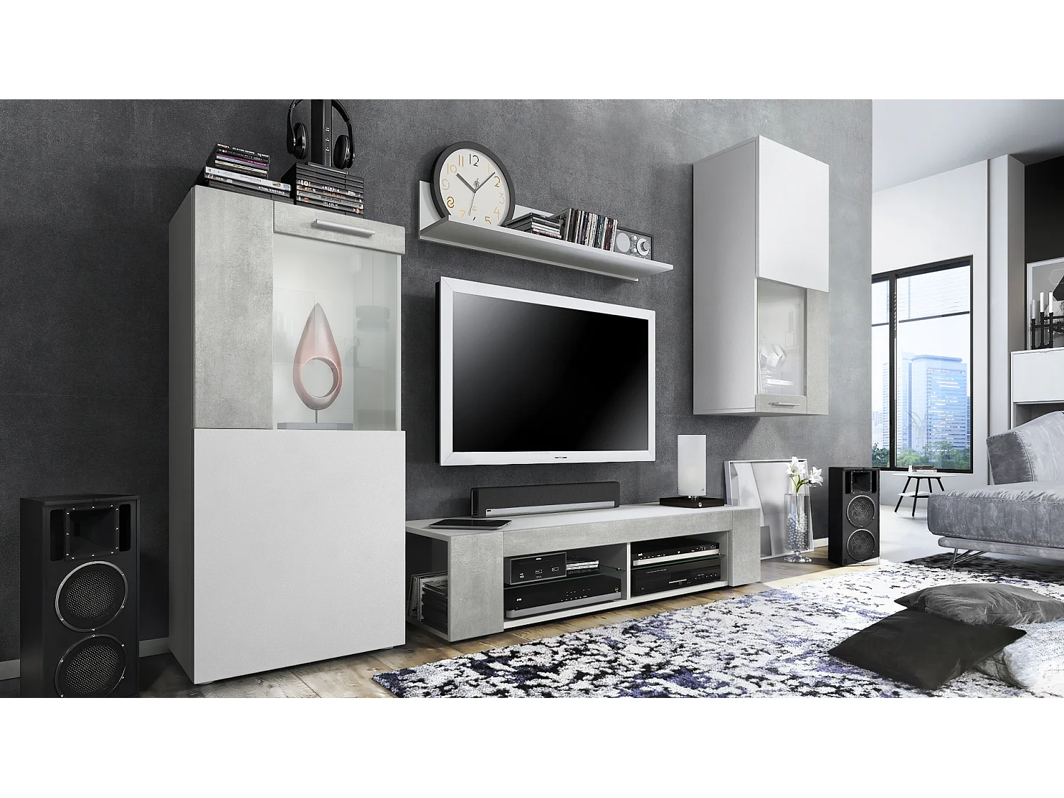 Ensemble de salon Movie comprenant 1 meuble bas TV, 2 vitrines et 1 étagère, Blanc mat/Aspect Béton Oxyde, (Dimensions totales : 300 x 190 x 39 cm)