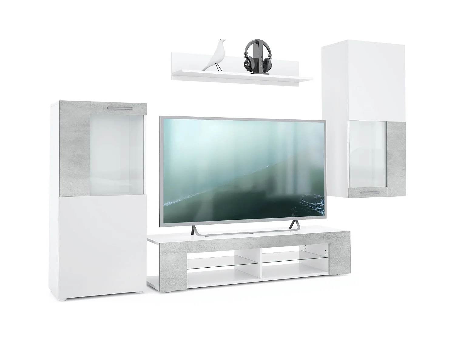 Ensemble de salon Movie comprenant 1 meuble bas TV, 2 vitrines et 1 étagère, Blanc mat/Aspect Béton Oxyde, (Dimensions totales : 300 x 190 x 39 cm)