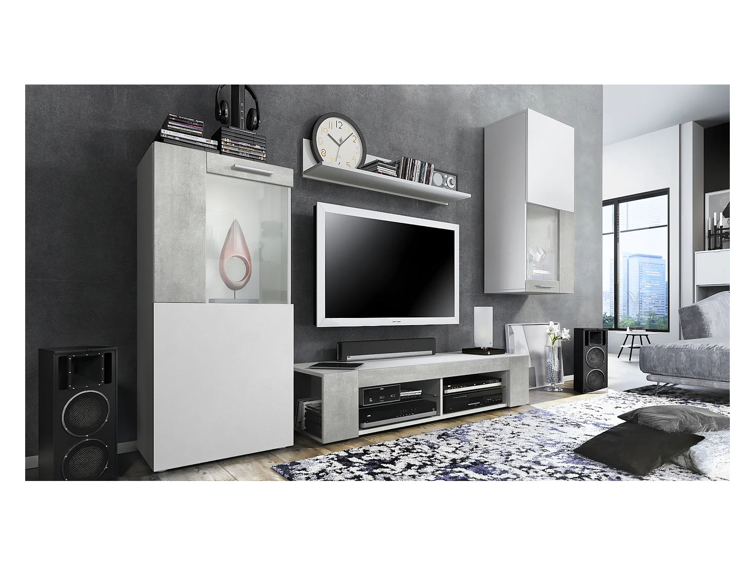 Ensemble de salon Movie comprenant 1 meuble bas TV, 2 vitrines et 1 étagère, Blanc mat/Aspect Béton Oxyde, (Dimensions totales : 300 x 190 x 39 cm)