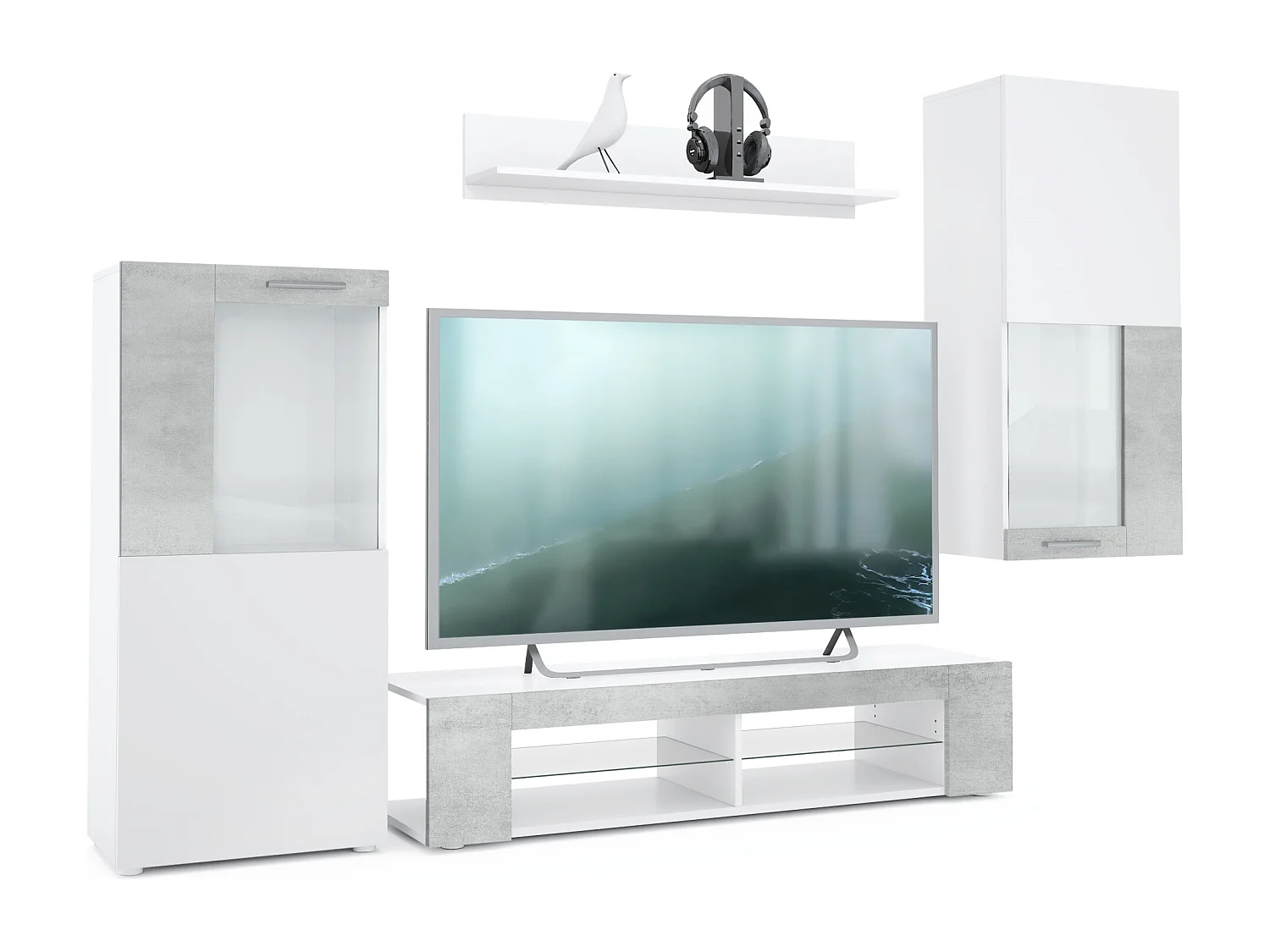 Set da soggiorno  Movie, parete attrezzata con 1 mobile TV, 2 vetrine e 1 scaffale, bianco opaco/bianco opaco/ossido di grigio cemento (totale: 300 x 190 x 39 cm)