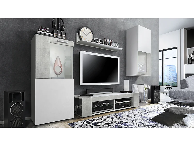 Ensemble de salon Movie comprenant 1 meuble bas TV, 2 vitrines et 1 étagère, Blanc mat/Aspect Béton Oxyde, (Dimensions totales : 300 x 190 x 39 cm)