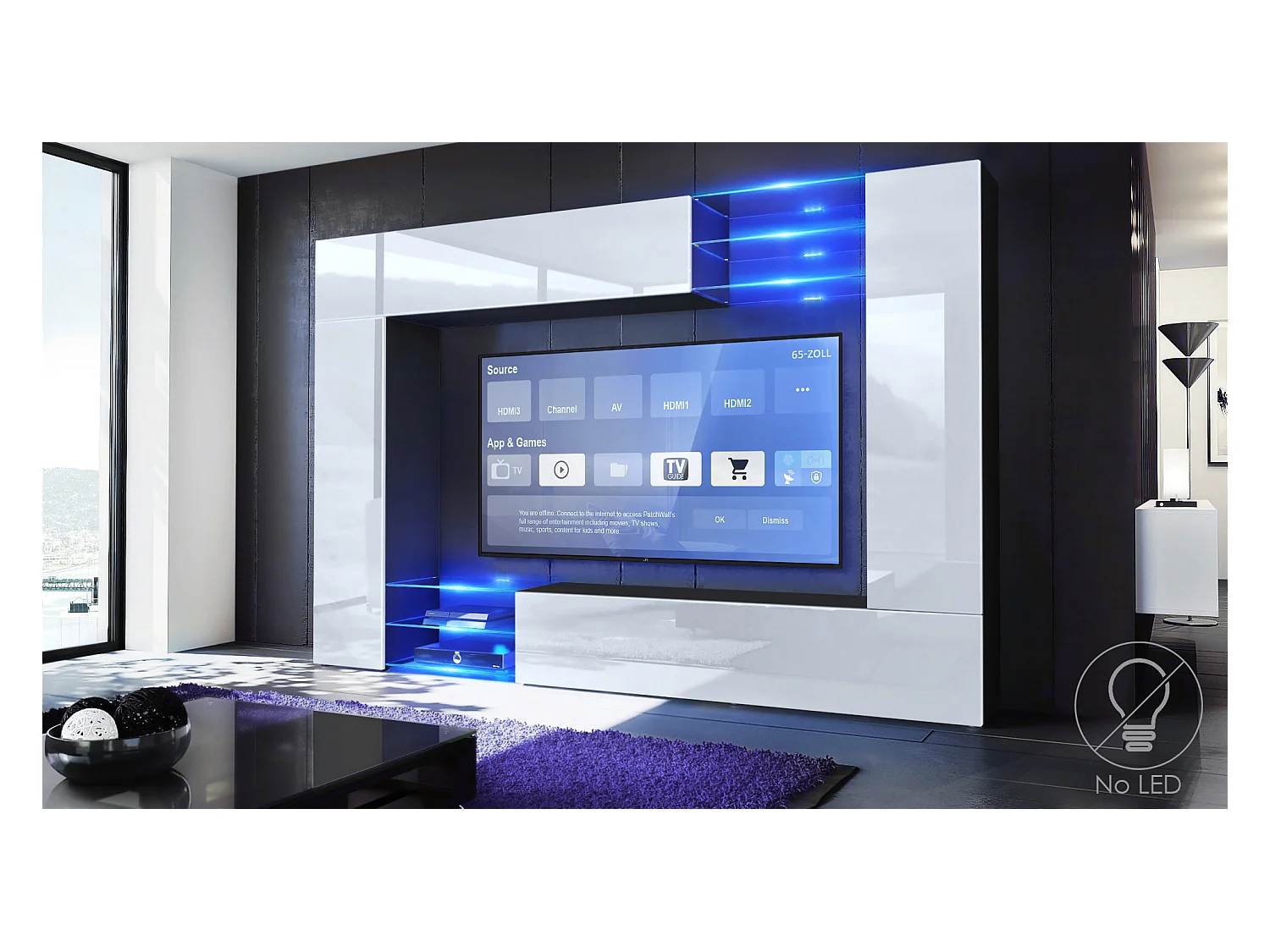 Meuble TV mural Mirage, Ensemble étagère TV avec panneau arrière et 2 portes, 2 clapets et 6 étagères en verre, Noir mat/Blanc brillant (262 x 183 x 39 cm)