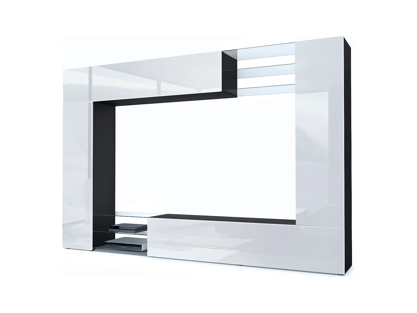 Meuble TV mural Mirage, Ensemble étagère TV avec panneau arrière et 2 portes, 2 clapets et 6 étagères en verre, Noir mat/Blanc brillant (262 x 183 x 39 cm)