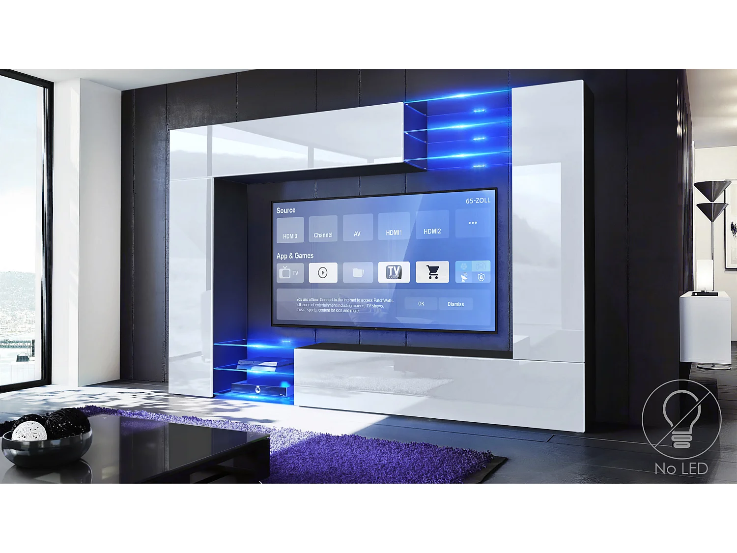 Set da soggiorno  Mirage, Parete attrezzata con 2 ante, 2 ante a ribalta e 6 ripiani a giorno in vetro, nero opaco/bianco lucido (262 x 183 x 39 cm)