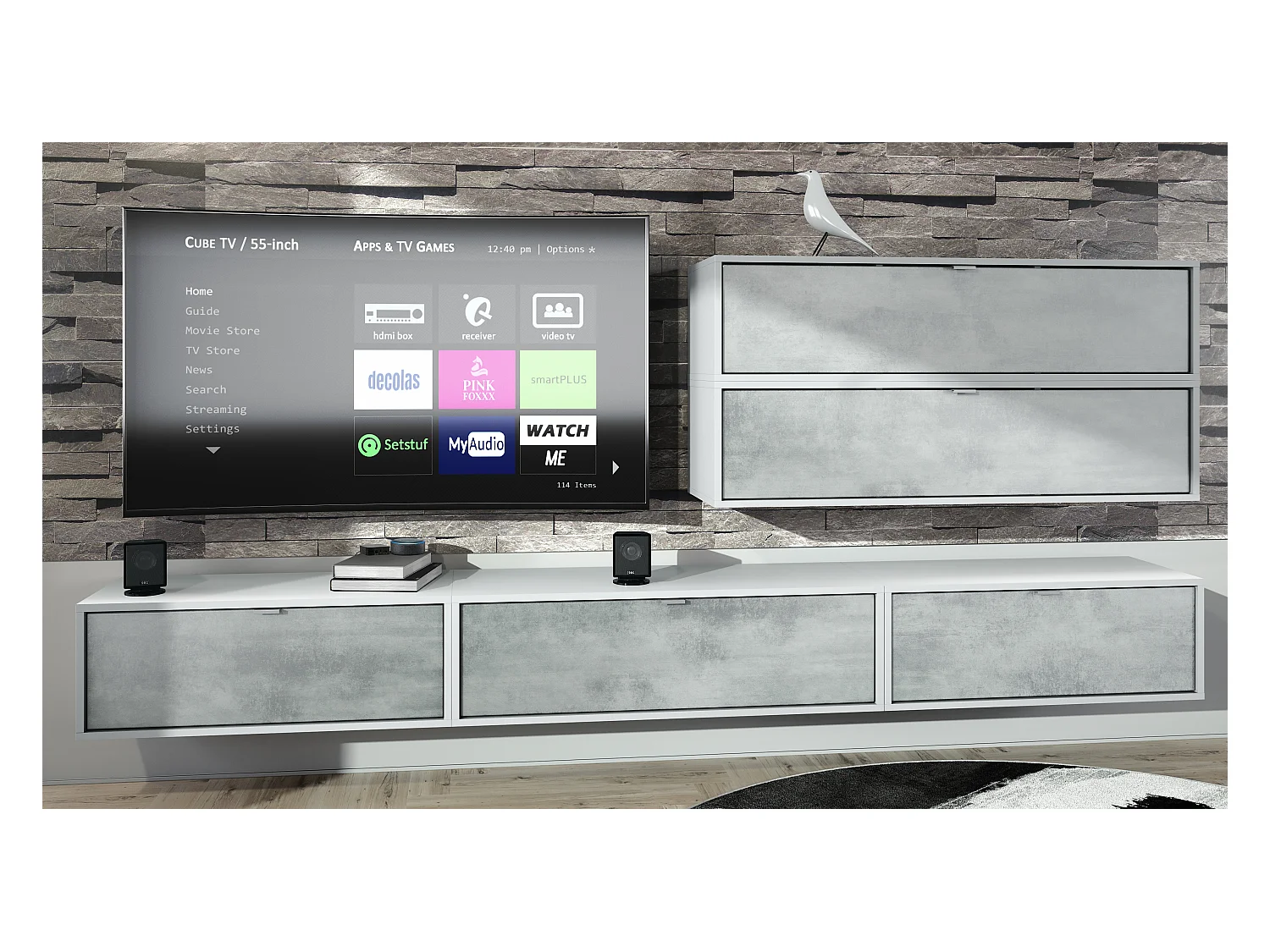 Unité murale Lana V2 composée de 5 unités murales à 12 compartiments, caisson en Blanc mat, façades en Aspect Béton Oxyde