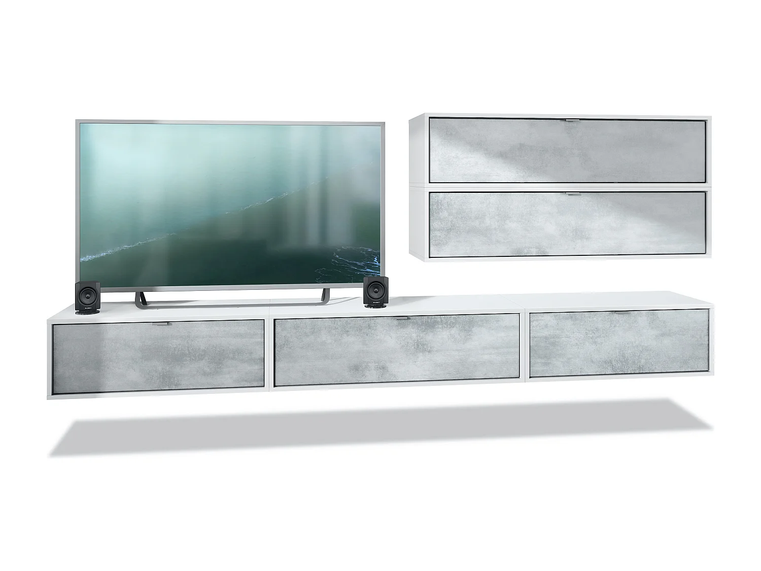 Parete attrezzata Lana V2 Centro di intrattenimento a 5 elementi sospesi con 12 ripiani, struttura in bianco opaco, frontali in grigio ossido di cemento