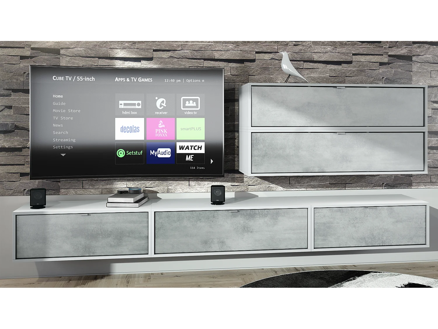 Parete attrezzata Lana V2 Centro di intrattenimento a 5 elementi sospesi con 12 ripiani, struttura in bianco opaco, frontali in grigio ossido di cemento